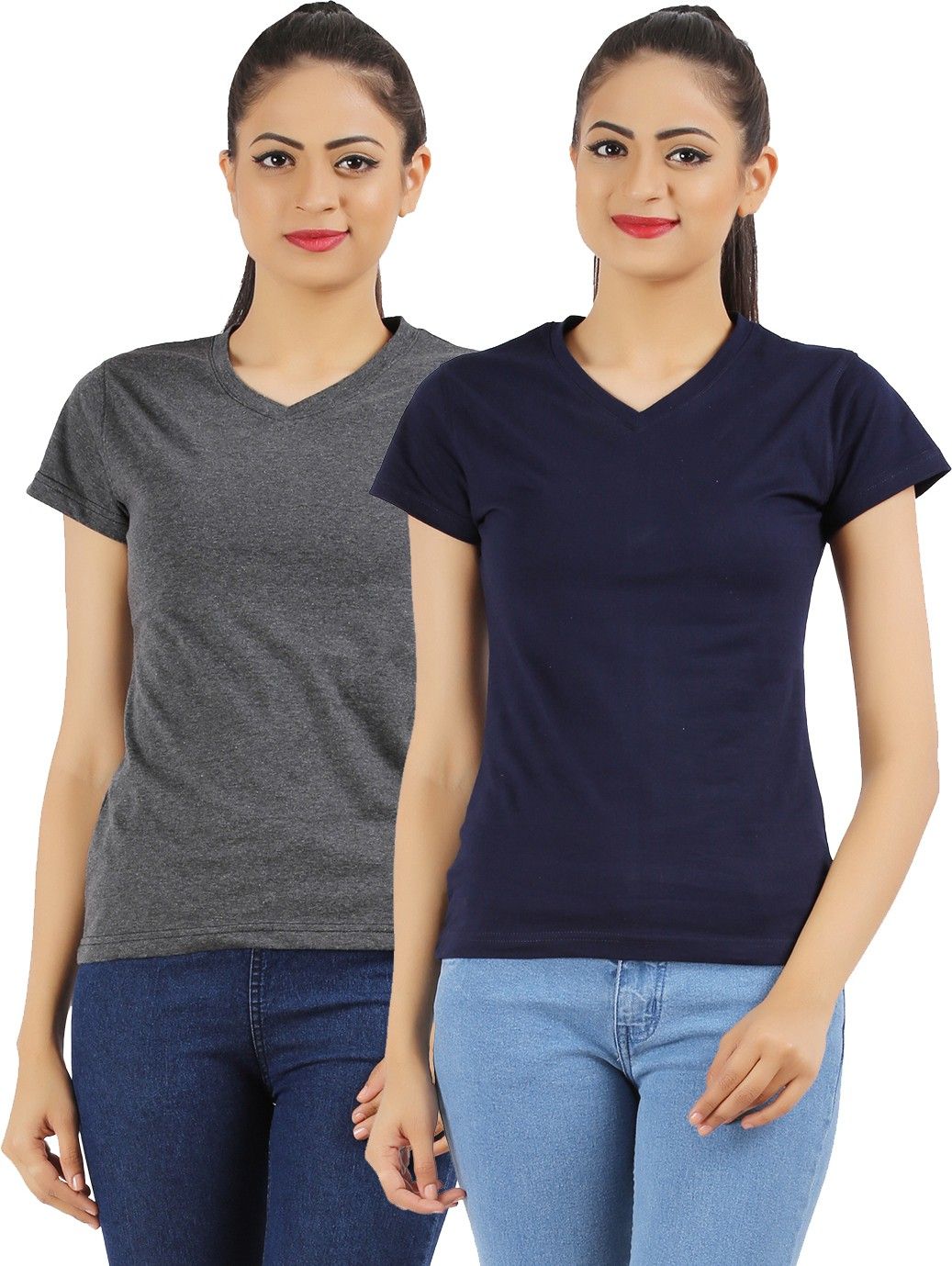 ap'pulse Pack of 2 Women Solid V Neck Pure Cotton Dark Blue, Grey T-Shirt-picture-25