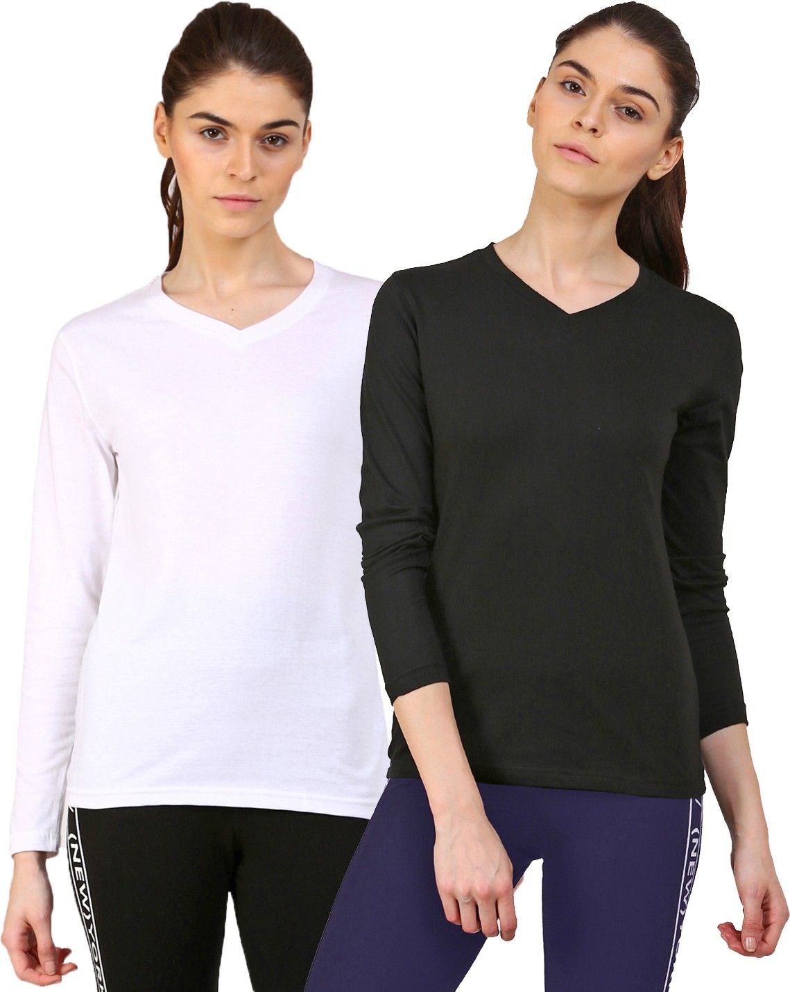 ap'pulse Pack of 2 Women Solid V Neck Cotton Blend White, Black T-Shirt-picture-13