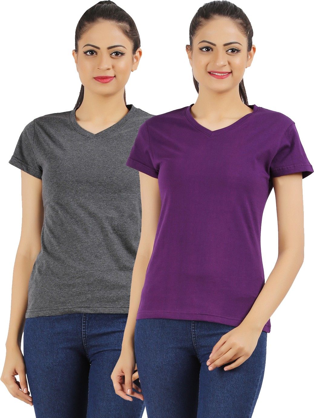 Pack of 2 Women Solid V Neck Pure Cotton Purple, Grey T-Shirt-image-36