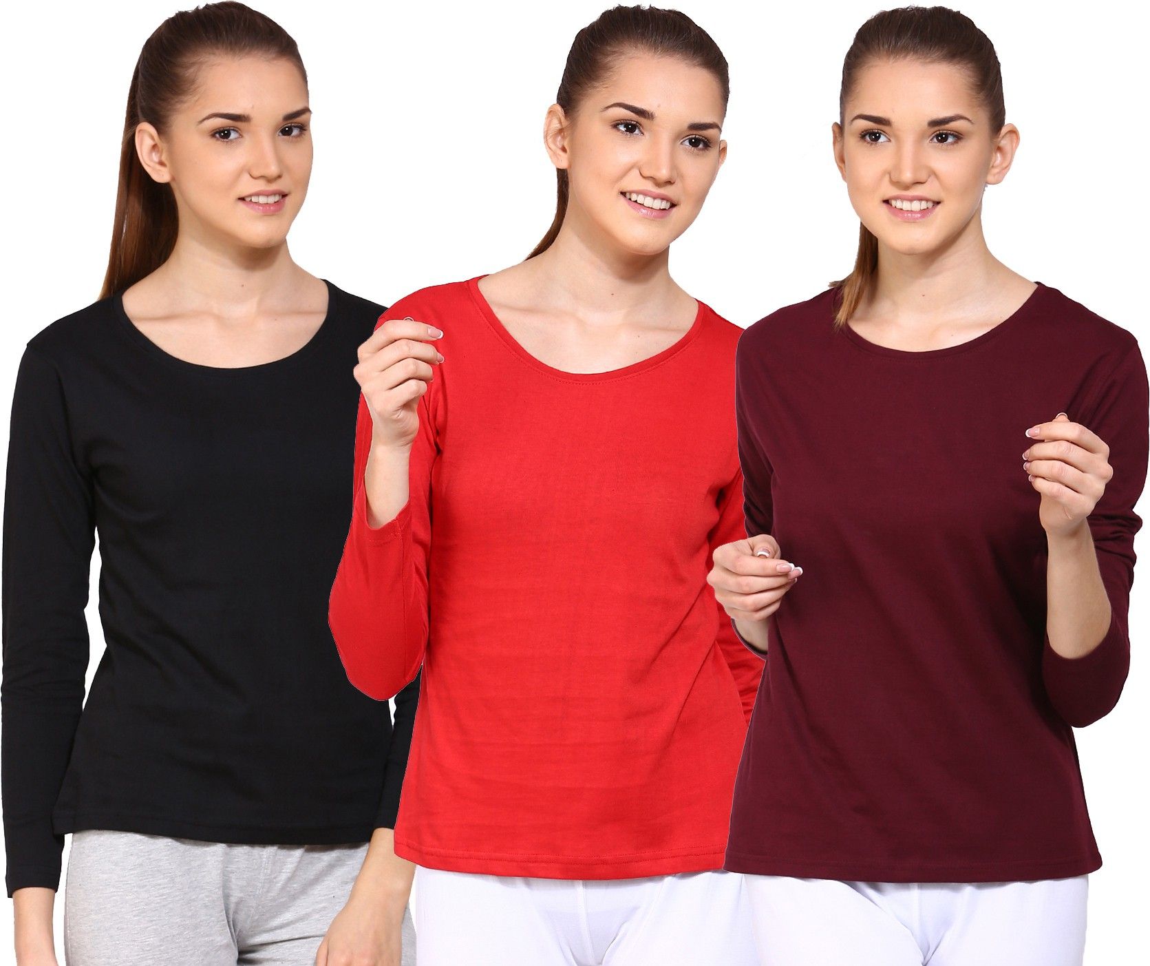 ap'pulse Pack of 3 Women Solid Round Neck Cotton Blend Red, Maroon, Black T-Shirt-picture-12