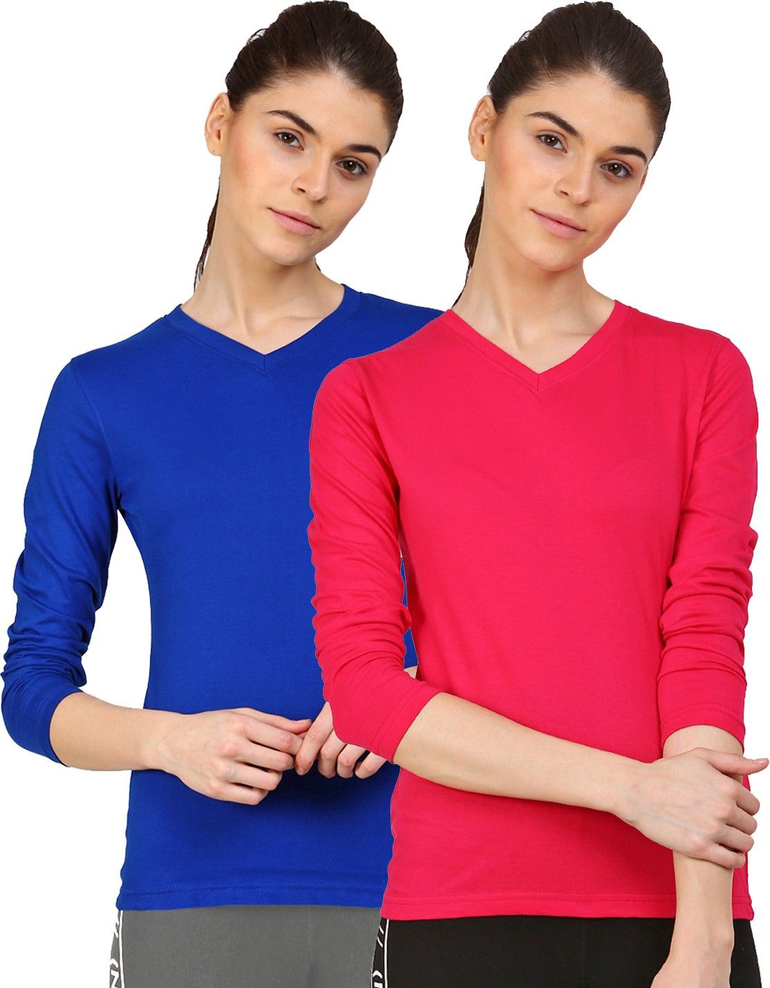 Pack of 2 Women Solid V Neck Cotton Blend Blue, Pink T-Shirt-image-3