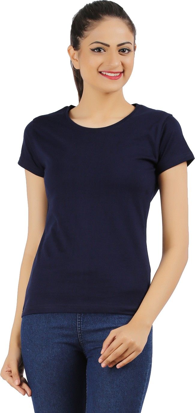 Women Solid Boat Neck Pure Cotton Dark Blue T-Shirt-image-49