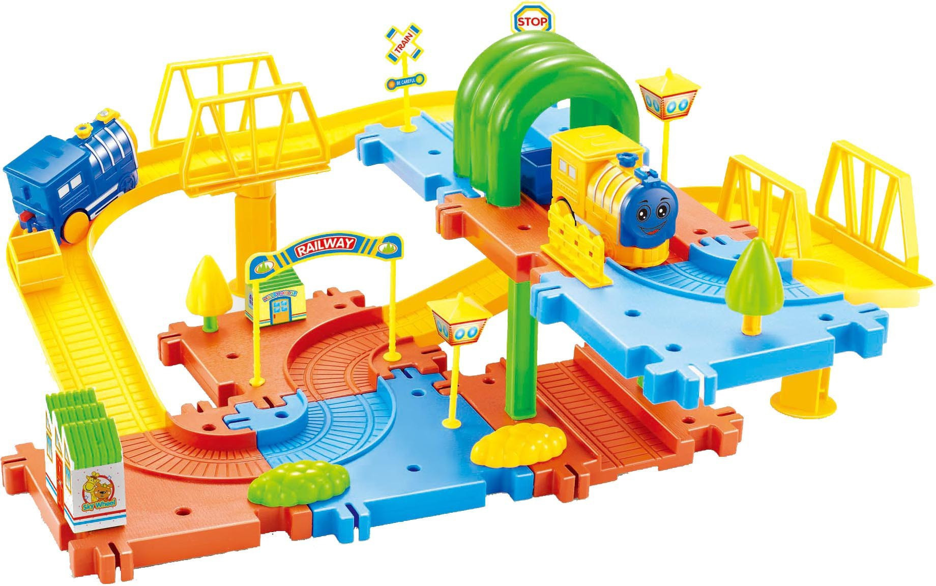webby Classic Toy Train Set 15 with Upper and Lower Level, Bridges and Tunnel image 1