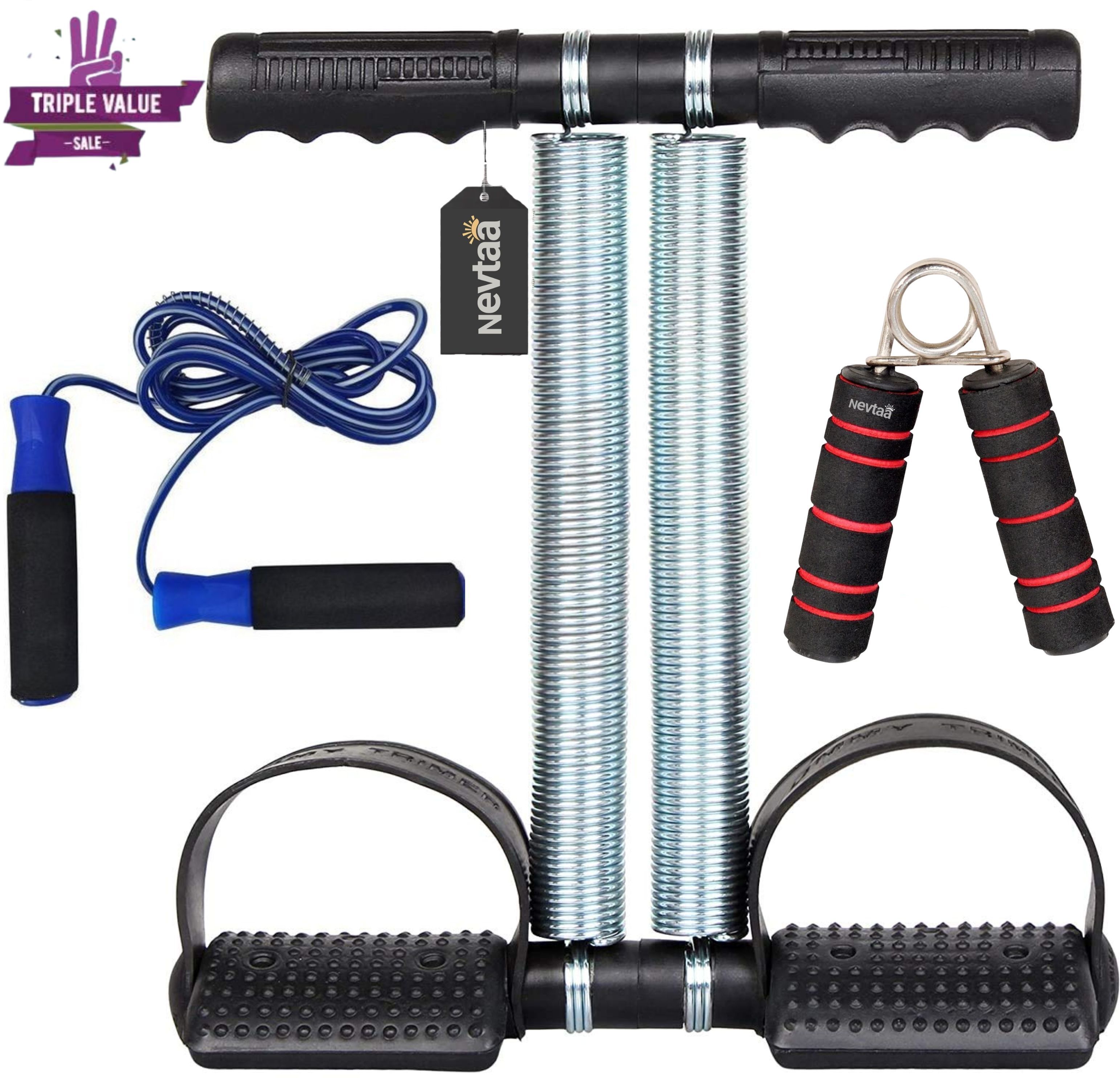 Double Spring Tummy Trimmer Combo with Skipping Rope & Hand Gripper Ab Exerciser