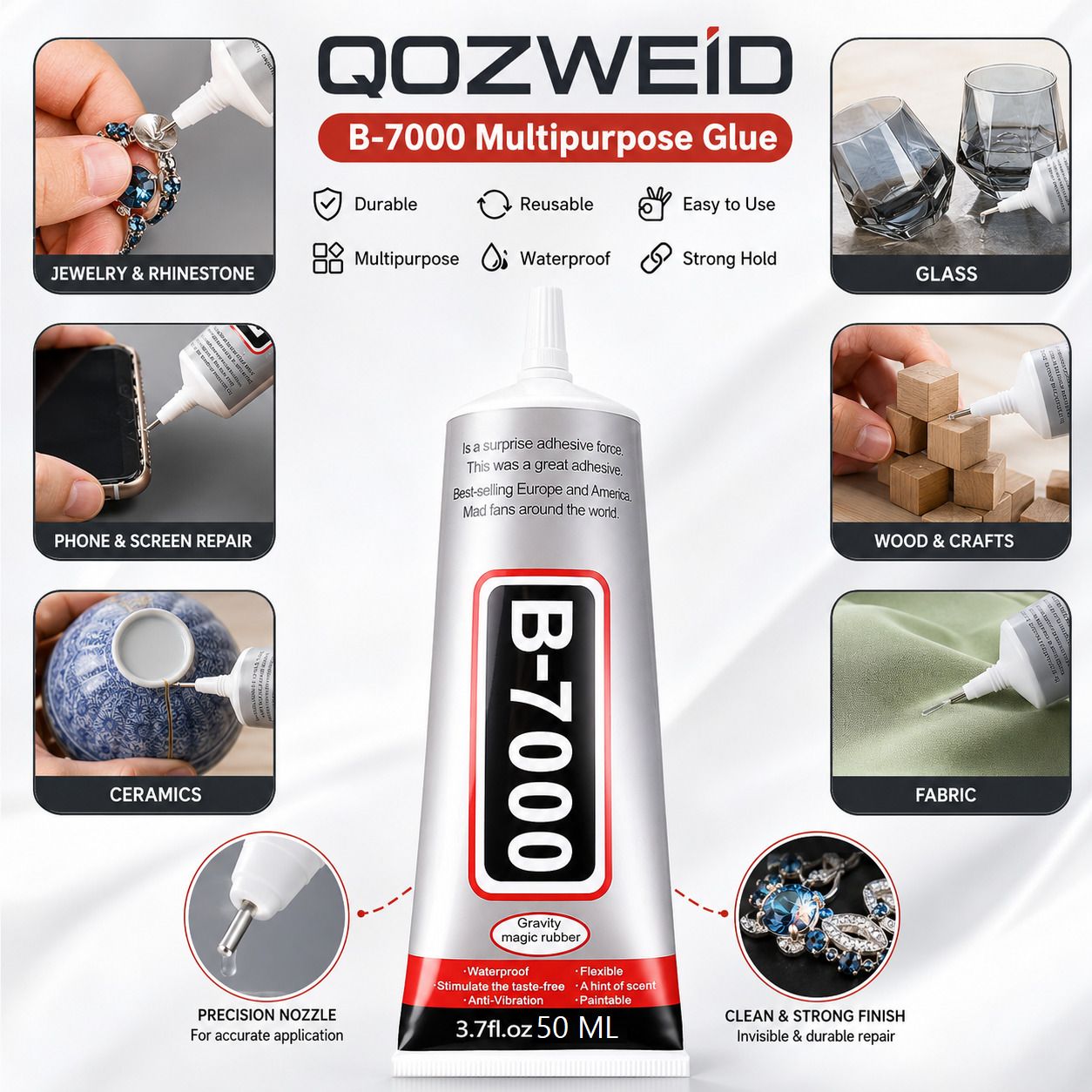 qozweid B-7000 Multipurpose Adhesive Glue 50ml Clear Bond for Mobile Plastic Fabric Glue-picture-20