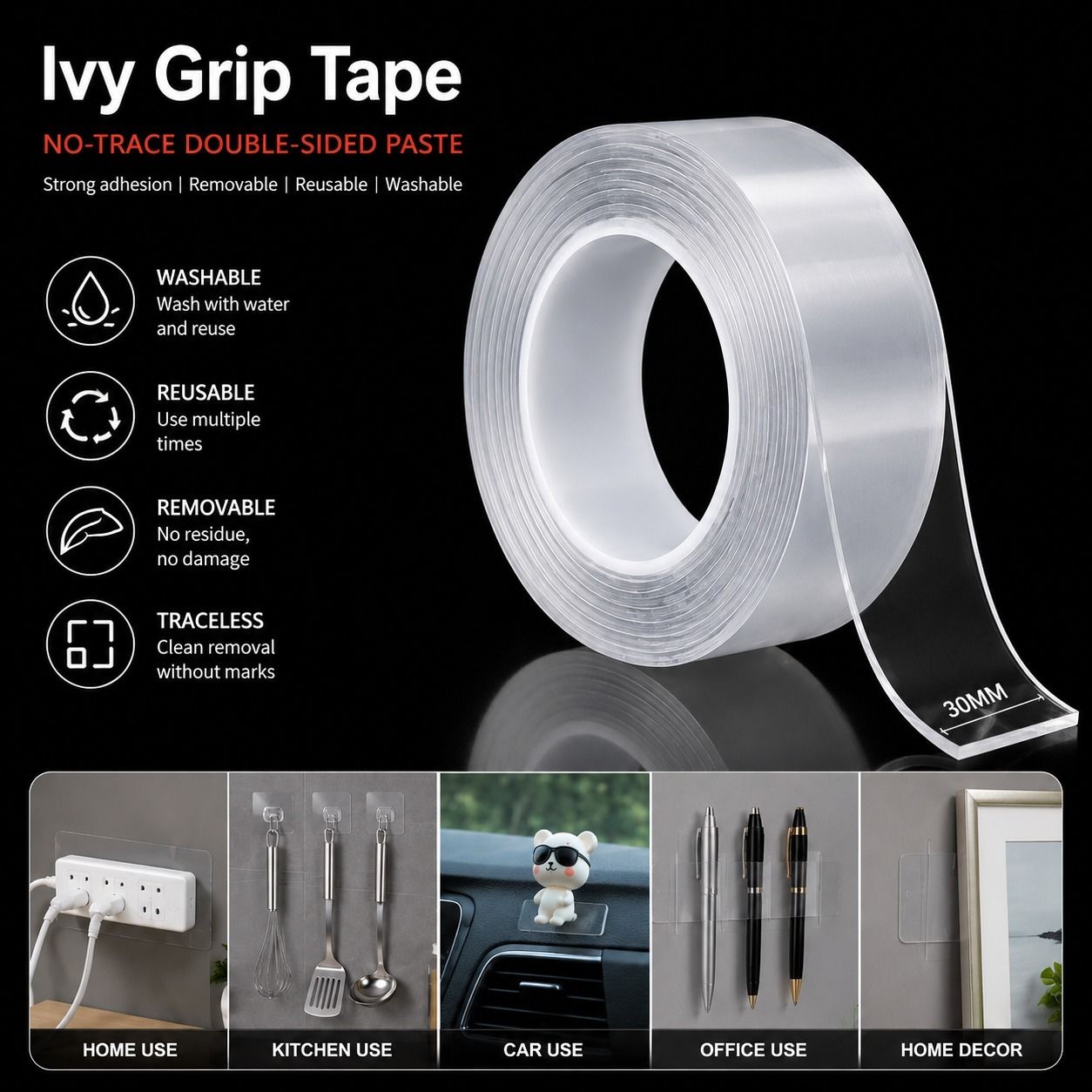 lyke Non-toxic, Waterproof, Washable, Residue-Free Removal, Heat Resistant Double-Sided Nano Adhesive Tape-picture-1