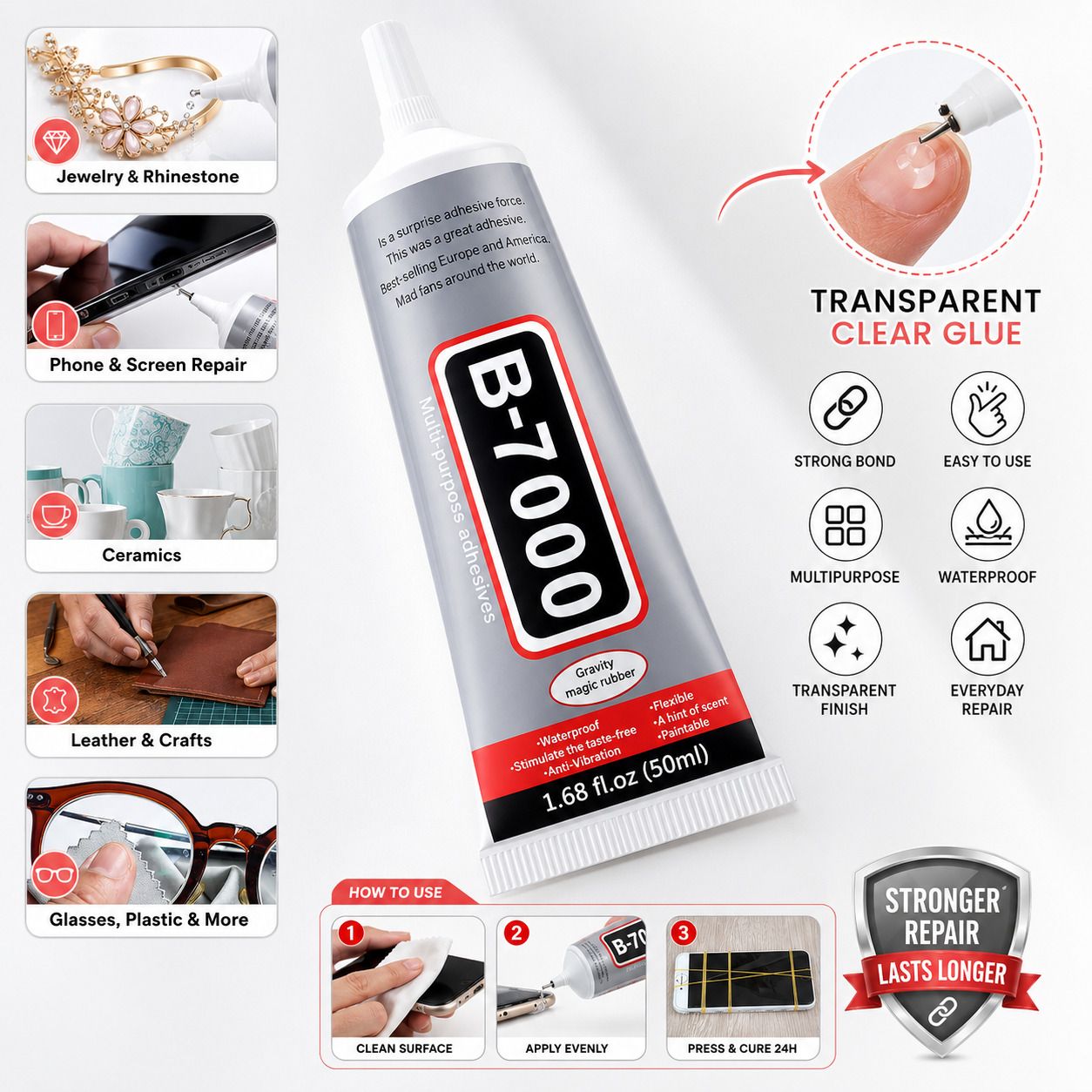 qozweid B 7000 Adhesive Glue 50ml for Mobile Display Plastic Fabric crystal fixing Glue-picture-0