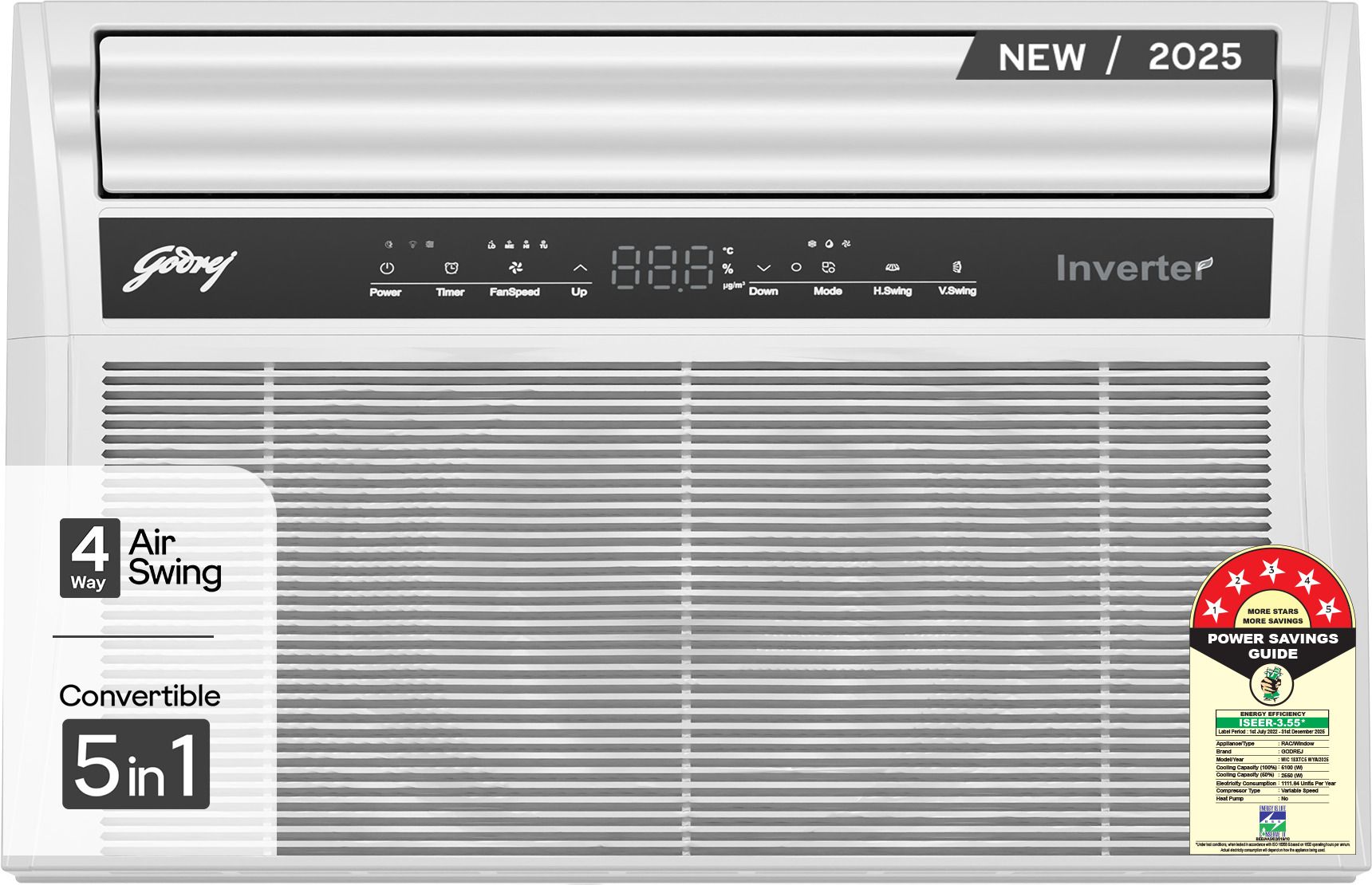 5-In-1 Convertible Cooling 2025 Model 1.5 Ton 5 Star Window Inverter With Pure Air Filter AC - White, Black, Grey