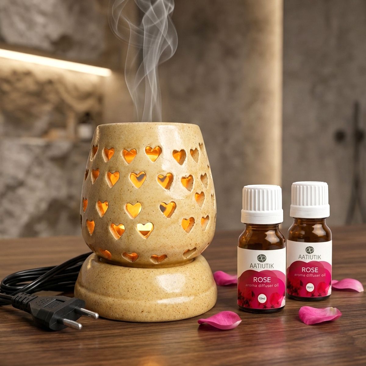 aatiutik Rose Fragrance Air Freshener Diffuser Set Premium Hand crafted Ceramic Electric Aroma Diffuser with Aroma Oils (10ml Each) | Heart Cut Design Fragrance Oil Burner | Home, Office, Hotel & Spa Air Freshener-picture-23