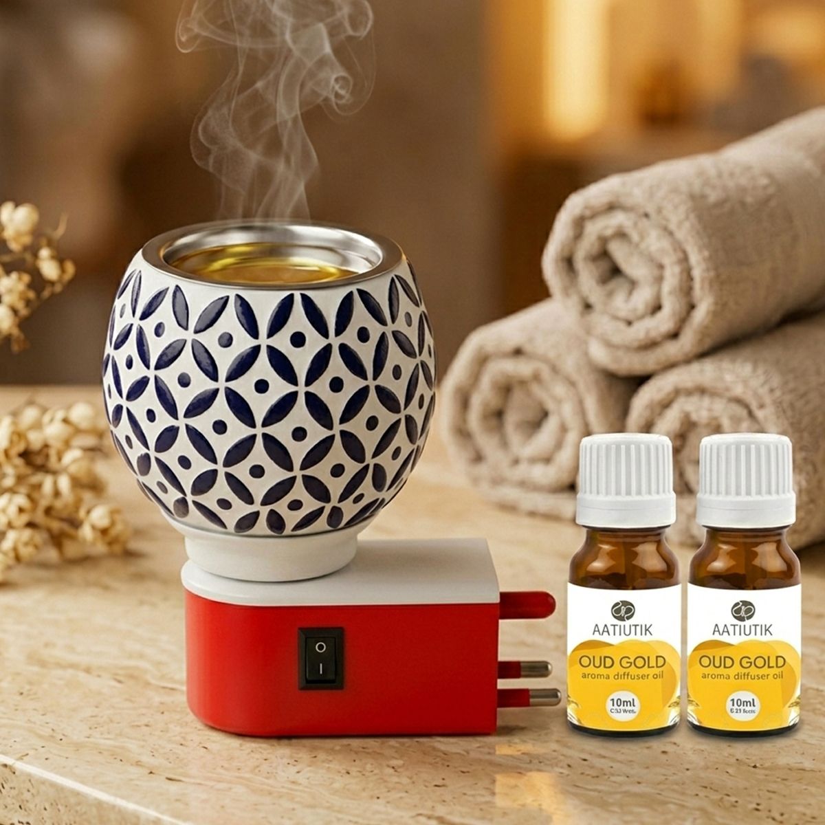 Oud Gold Fragrance Air Freshener Diffuser Set Premium Electric Kapoor Dani Camphor Diffuser with Ceramic Aroma Burner | Essential Oil & Camphor Fragrance Diffuser with Night Lap Light | Electric Dhoop Dani for Home, Office, Meditation & Pooja Room-image-10