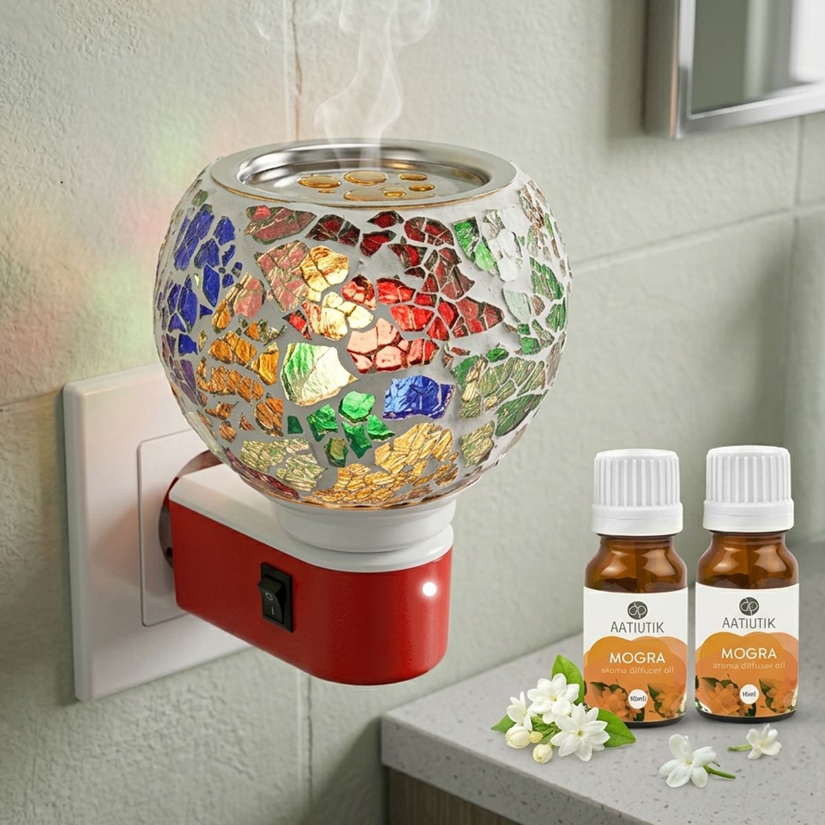 Mogra Fragrance Air Freshener Diffuser Electric Mosaic Kapoor Dani Camphor Diffuser with Aroma Oils (10ml Each) | Plug-in Ceramic Room Freshener Machine electric Camphor Burner & Essential Oil Diffuser | Night Light Lamp | Room Freshener for Home, Office & Puja Room-image-32