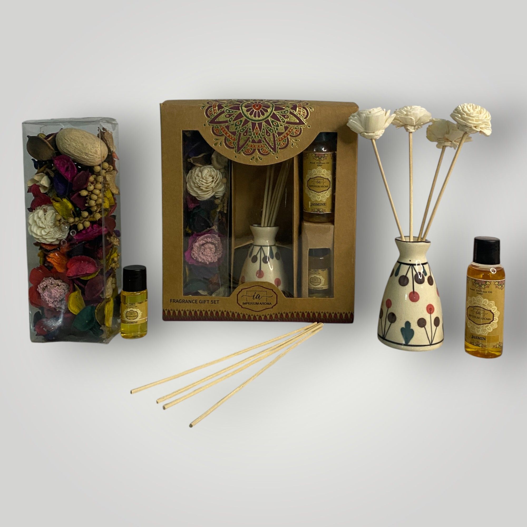 imperium aroma Jasmine Essential Oil Reed Diffuser | Gift Set | 50 ml Diffuser Set, Potpourri 50 g with 15 ml Floral Oil | 8 Rattan Sticks | Elegant Fragrance for Home & Offices-picture-17