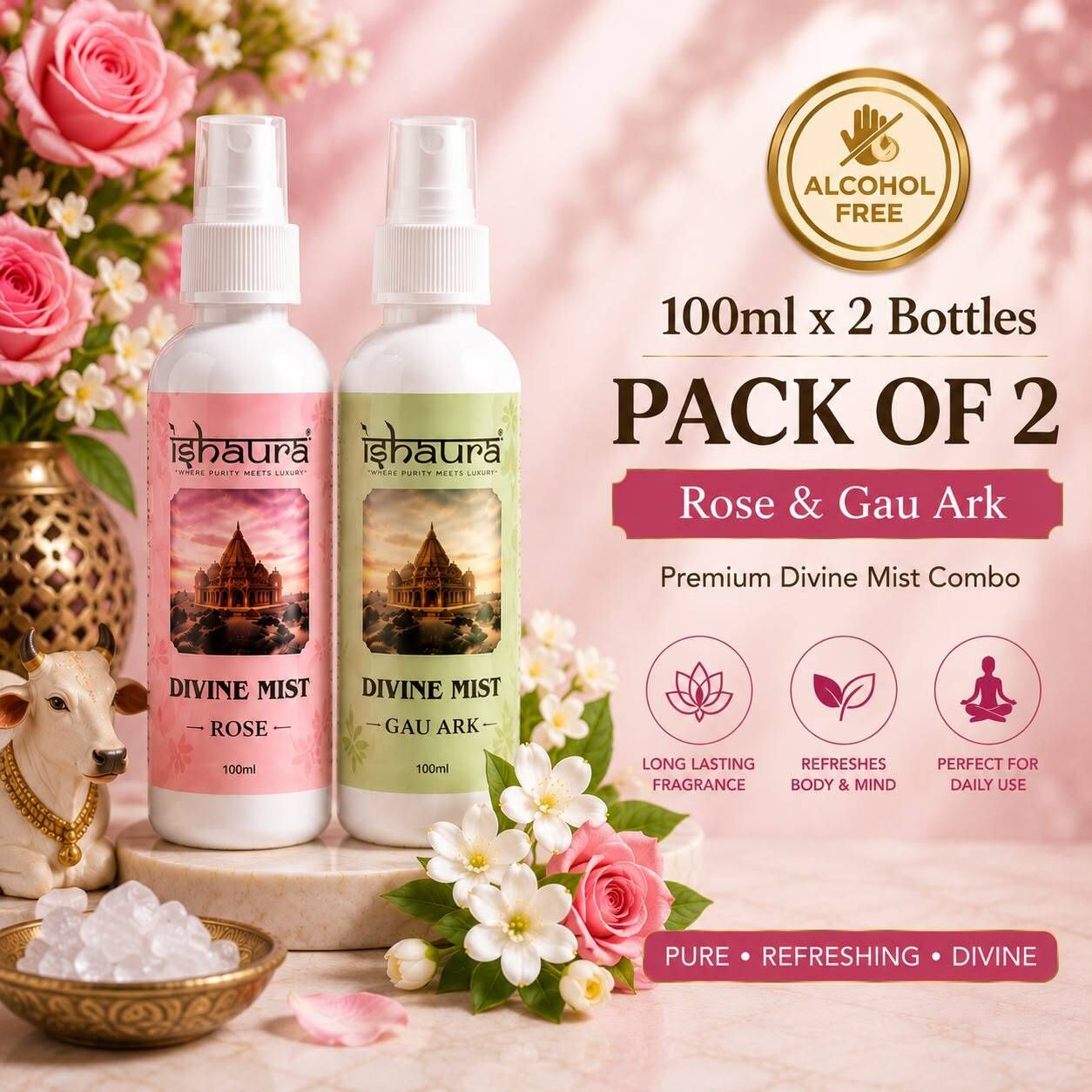 Rose & Gau Ark Spray Divine Mist 100 ml x 2 Bottles Rose & Gau Ark Combo | Alcohol Free Body & Room Mist Spray | Long Lasting Fragrance | | Premium Divine Mist for Home, Office, Temple & Daily Use-image-16