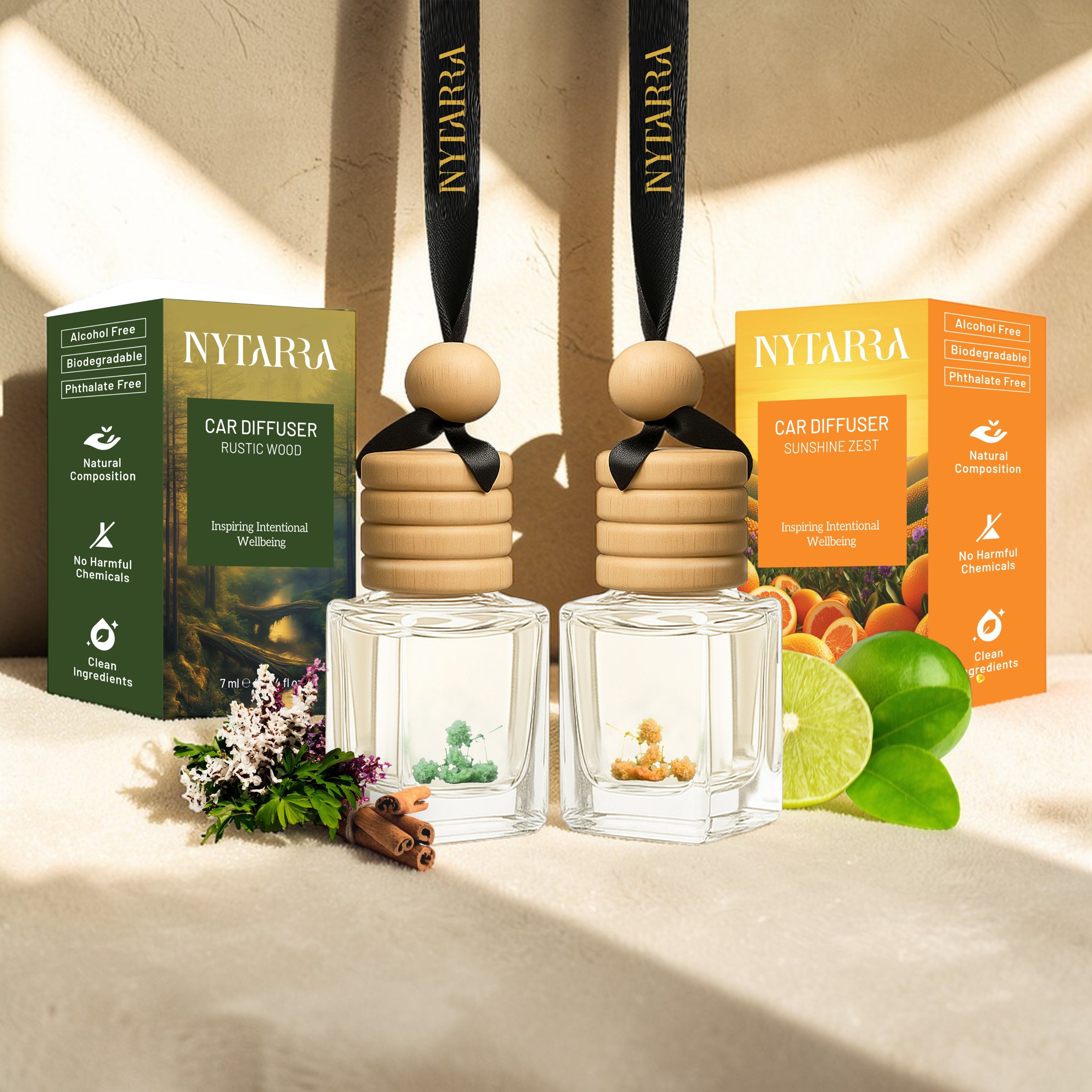 nytarra Car Perfumes Luxury Combo- Sunshine Zest & Rustic Woods | Best Car Freshener Diffuser No-Alcohol & Long-Lasting Car Perfume, Premium Car Scent Hanging Pod-picture-3