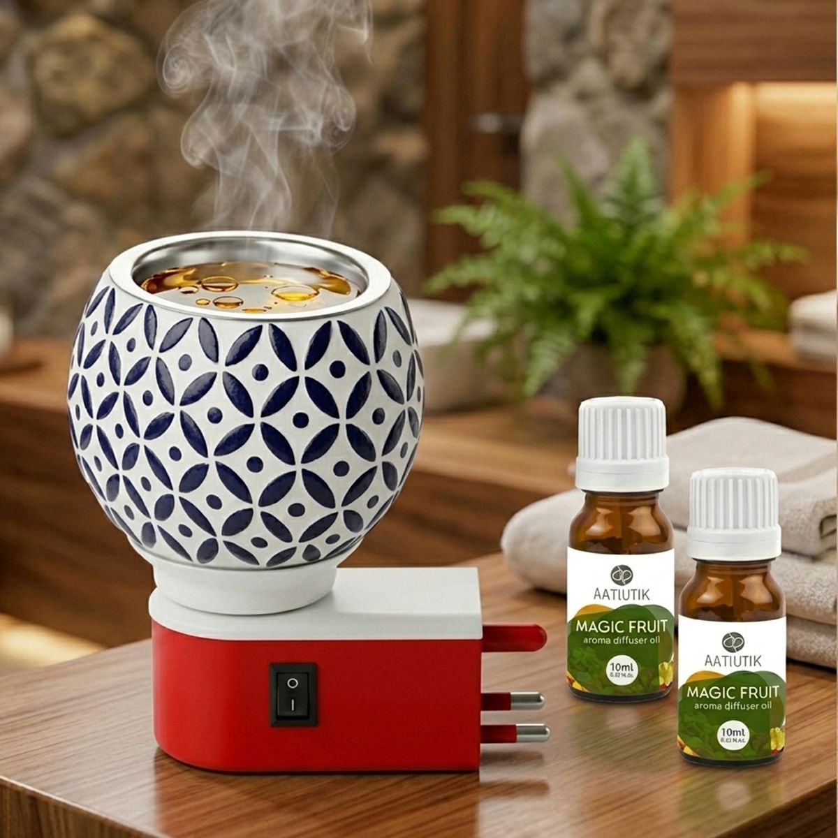 Magic Fruit fragrance Air Freshener Diffuser Set Premium Electric Kapoor Dani Camphor Diffuser with Ceramic Aroma Burner | Essential Oil & Camphor Fragrance Diffuser with Night Lap Light | Electric Dhoop Dani for Home, Office, Meditation & Pooja Room-image-42