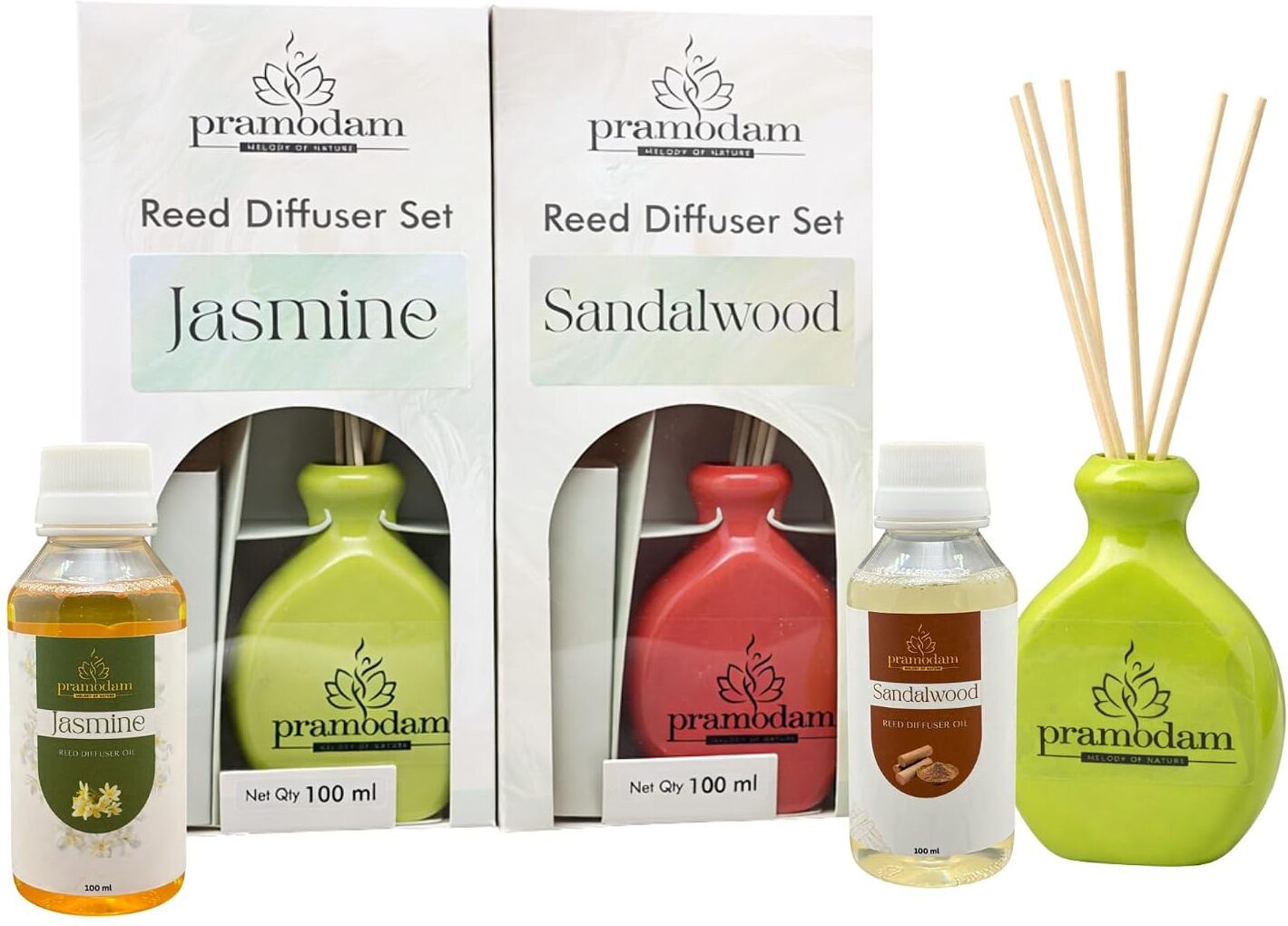 pramodam Sandalwood+Jasmine Diffuser Set Ceramic Flat Vase Reed Diffuser Set of 2 Sandalwood Jasmine 12 Reed Sticks-picture-10