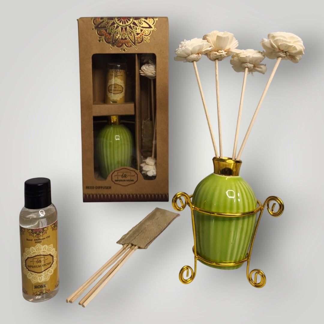 Home Fragrance Reed Diffuser | Ceramic Pot with Stand |8 Sticks | Rose Aroma Oil (50 ml) | Aromatherapy Set for Living Room, Bedroom, Meditation Space, Office &-image-6