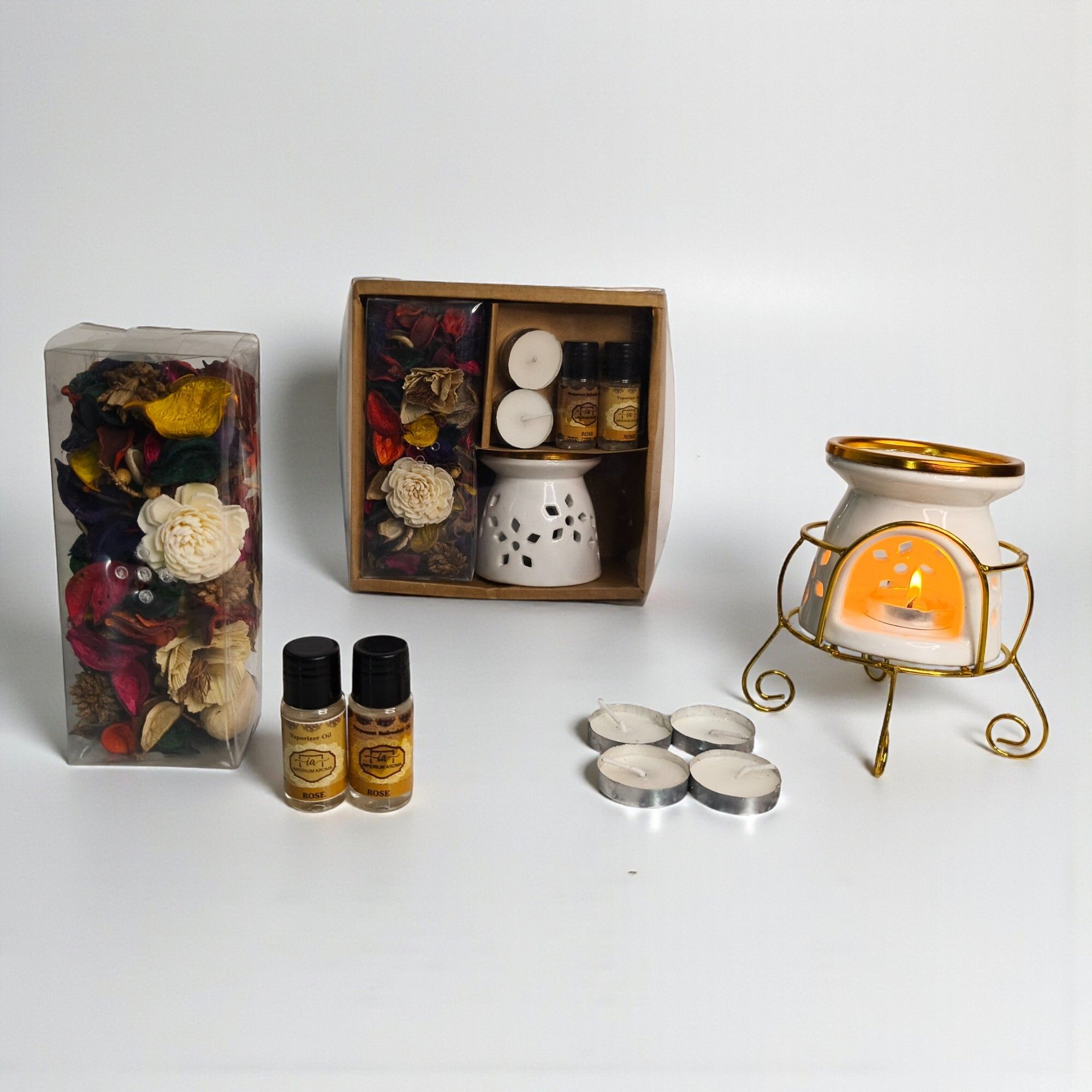imperium aroma Golden Brass Tealight Oil Burner with Metal Stand Diffuser Set, Potpourri 50g | Tealight Candles 04 | Rose vaporizer Oil 15 ml & Potpourri Refresher Oil 15 ml | Perfect for Home, Spa & Bed Room-picture-12