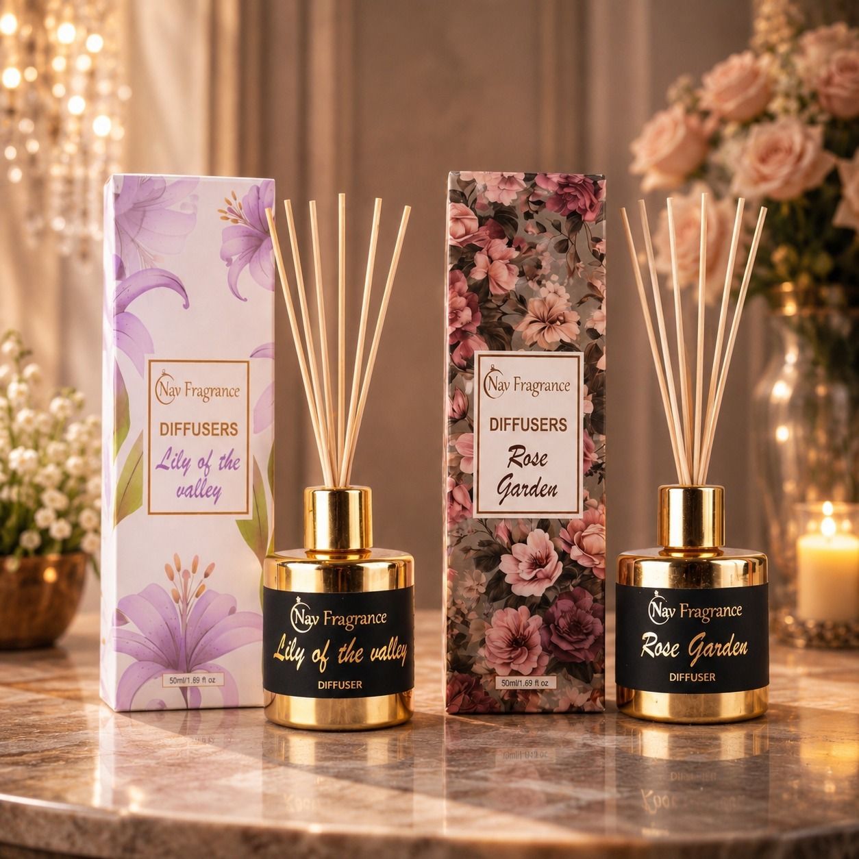 navfragrance Lily of the Valley, Rose Garden Diffuser Set Reed Diffuser Combo Pack of 2 | Premium Aroma Diffuser Set | 50ml Each-picture-17