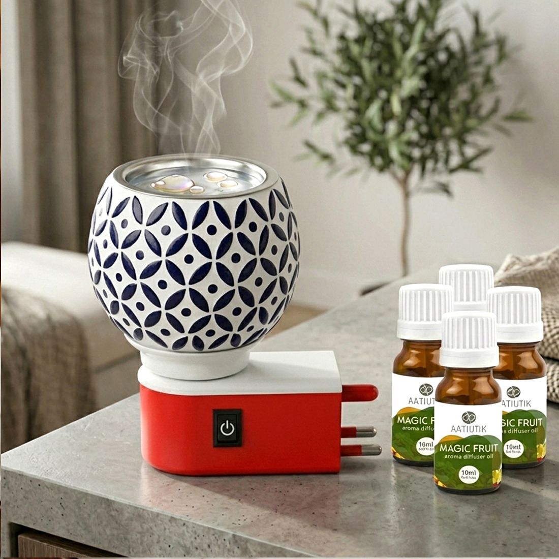 aatiutik Magic Fruit fragrance Air Freshener Diffuser Set Electric Kapoor Dani Camphor Diffuser with 4 Aroma Oils | Ceramic Essential Oil Burner Night Lamp Light | Plug-in Fragrance Diffuser for Home, Office, Meditation, Pooja Room & Aromatherapy-picture-10