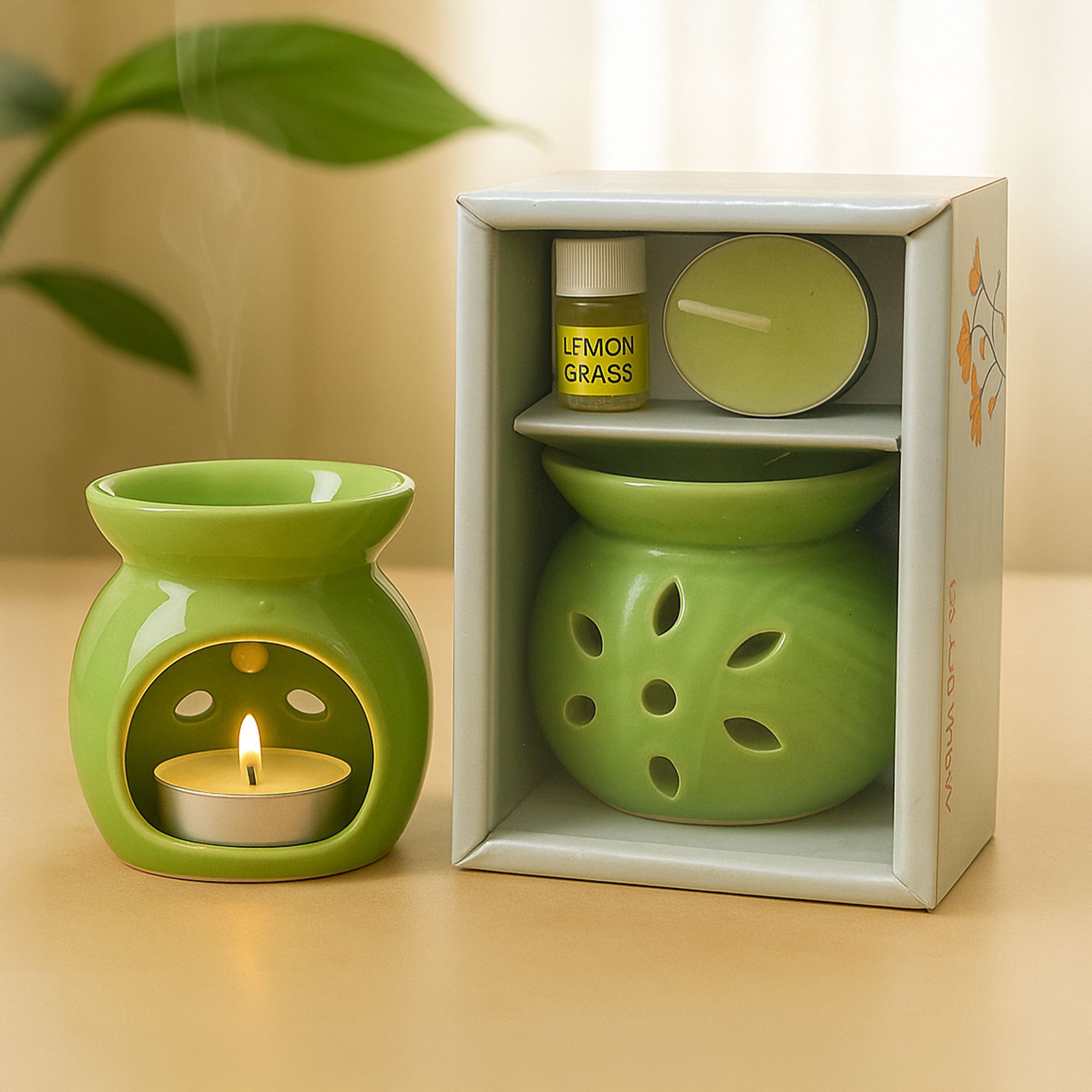 floryn decor Green, Ceramic Diffuser For Home Fragrance, 4 ml Aroma Oil, 1 Candle & 1 Diffuser Set-picture-25