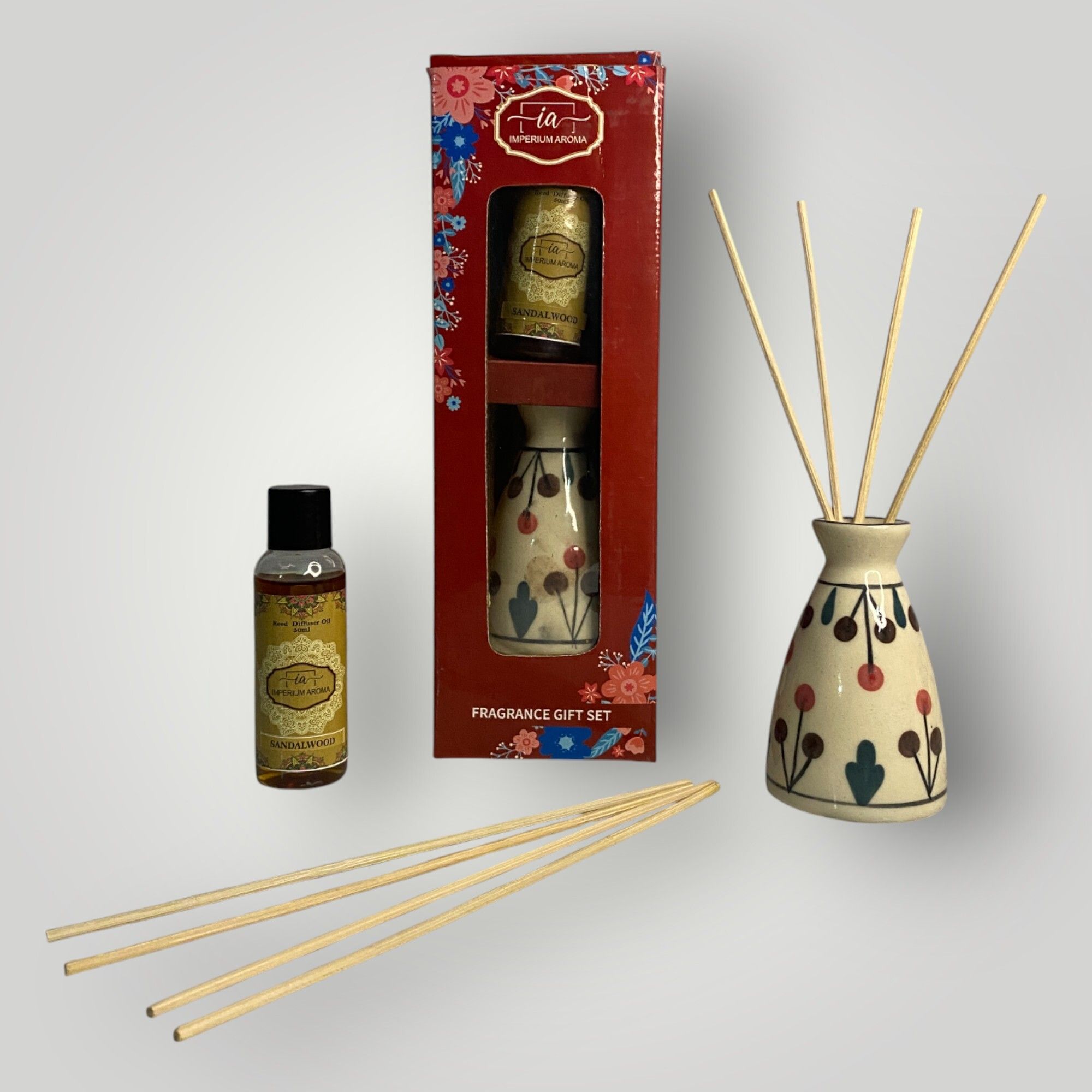 imperium aroma Sandalwood Diffuser Set, Potpourri Premium Sandalwood Bloom Home Aroma Set – 50g Jasmine Floral Oil with 15ml Refresher | 8 Rattan Sticks-picture-1
