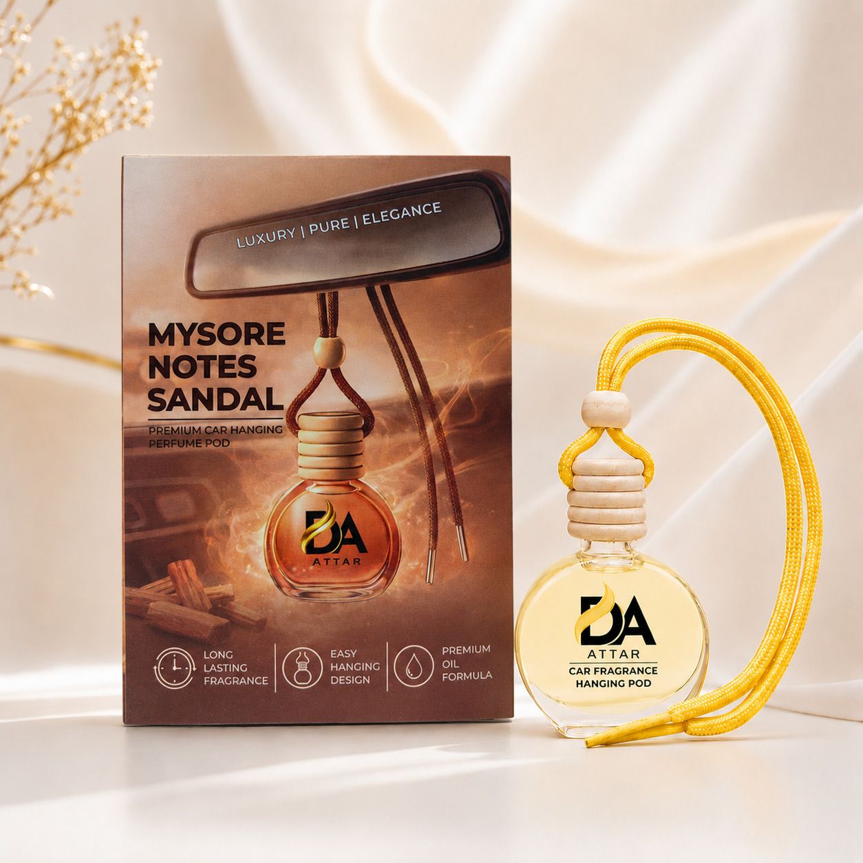 Woody Diffuser Mysore Notes Sandal Car Air Freshener Hanging Pod | Lasts Up to 45–60 Days | Premium Car Freshener with Wooden Diffuser Lid | Essential Oil Compound Blend | Car Odour Eliminator-image-1