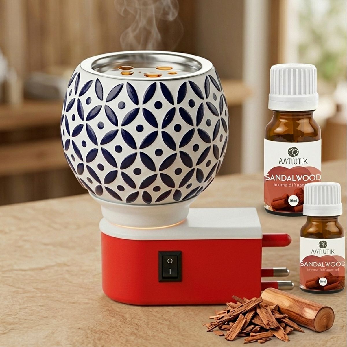 aatiutik Sandalwood Fragrance Air Freshener Diffuser Set Premium Electric Kapoor Dani Camphor Diffuser with Ceramic Aroma Burner | Essential Oil & Camphor Fragrance Diffuser with Night Lap Light | Electric Dhoop Dani for Home, Office, Meditation & Pooja Room-picture-24