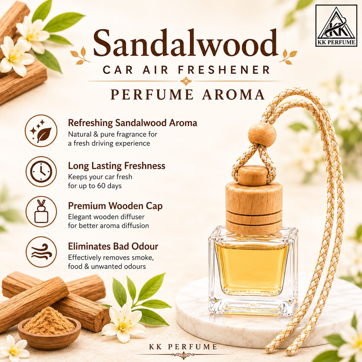 kk perfume Sandalwood Diffuser Sandalwood Hanging Car Perfume | Long Lasting Sandalwood Car Air Freshener | Premium Woody Car Aroma-picture-27