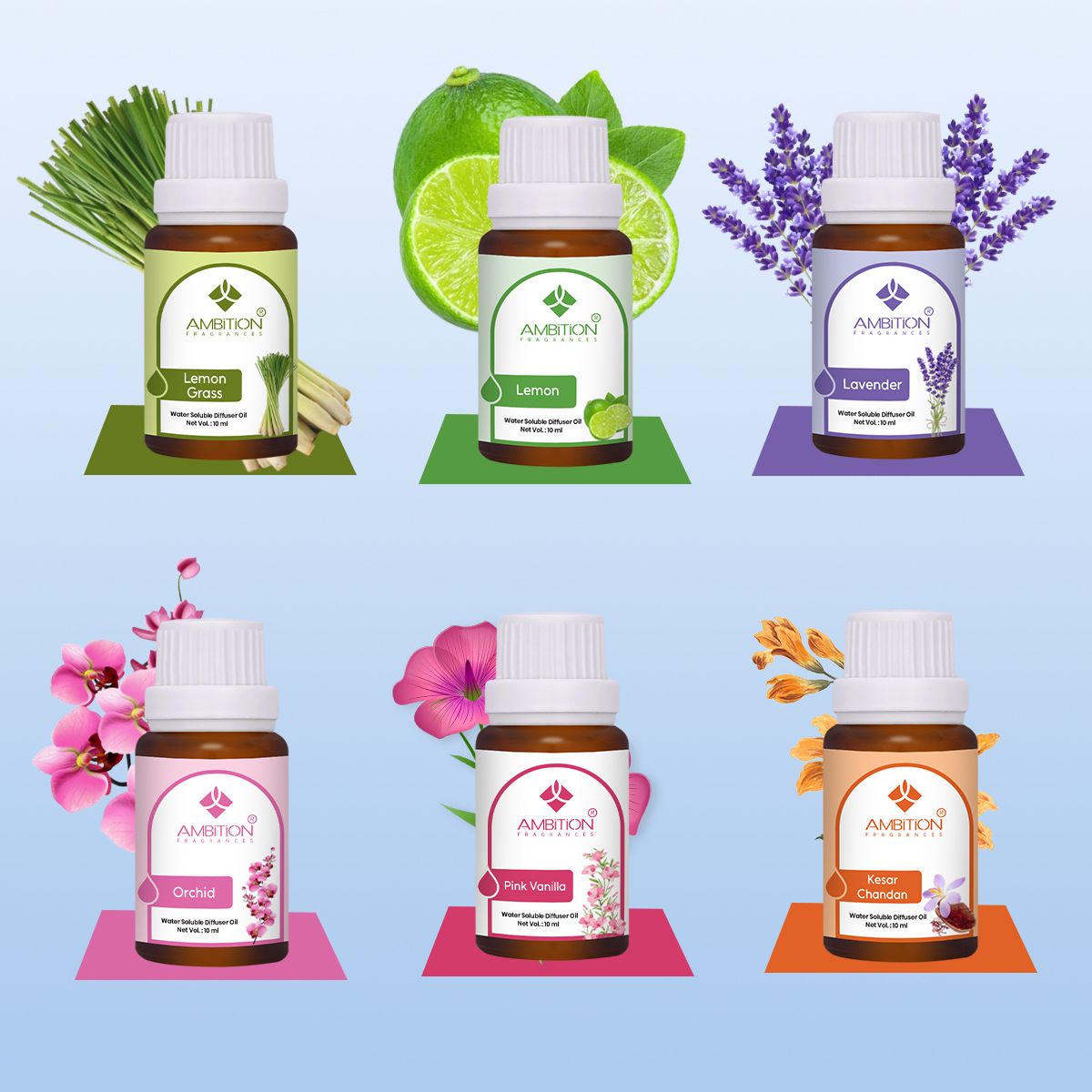 ambition Lemon Grass, Lemon, Lavender, pink vanilla, Orchid, Kesar chandan Aroma Oil, Diffuser, Diffuser Set 10ml*6 packs of water base oil-picture-48