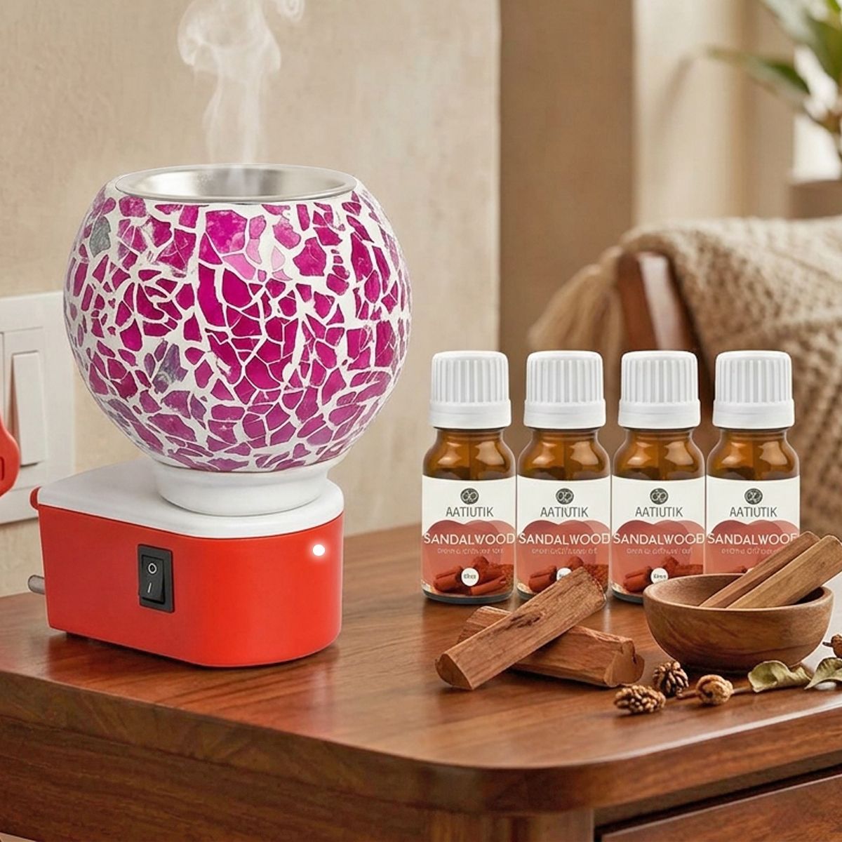 aatiutik Sandalwood Fragrance Air Freshener Diffuser Set Premium Ceramic Kapoor Dani Camphor Aroma Diffuser Electric with Aroma Oils | Plug-in Fragrance Burner | Glass Mosaic Essential Oil Diffuser | Home, Office, Hotel, Spa, Temple Air Freshener-picture-7
