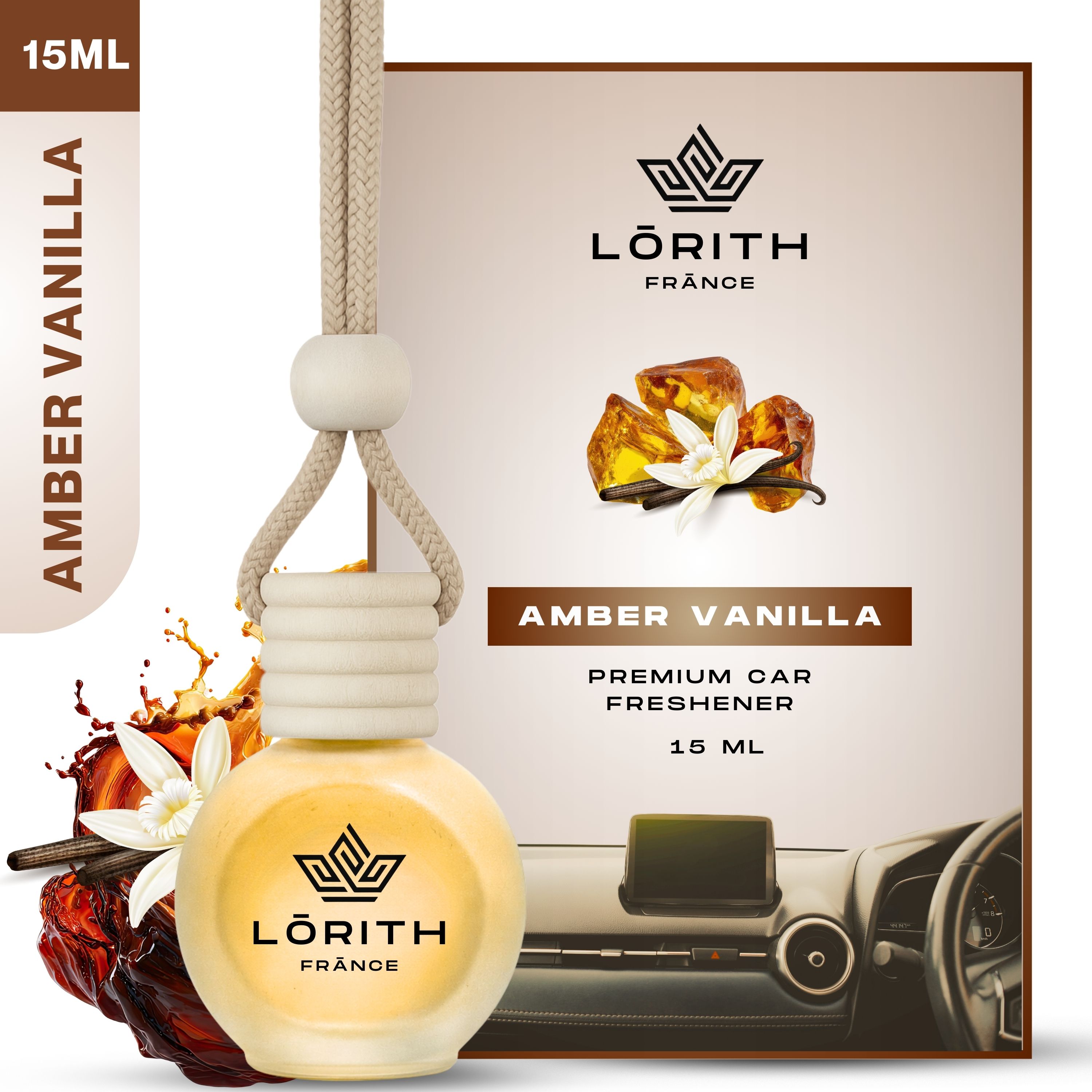 lorith france Amber Vanilla Car Freshener Diffuser Set Car Perfume Combo Best Pack of 1 Premium Hanging Car Air Freshener (Amber Vanilla) (15ML) Long Lasting Natural Essential Oil Glass Bottle Car Accessories-picture-12