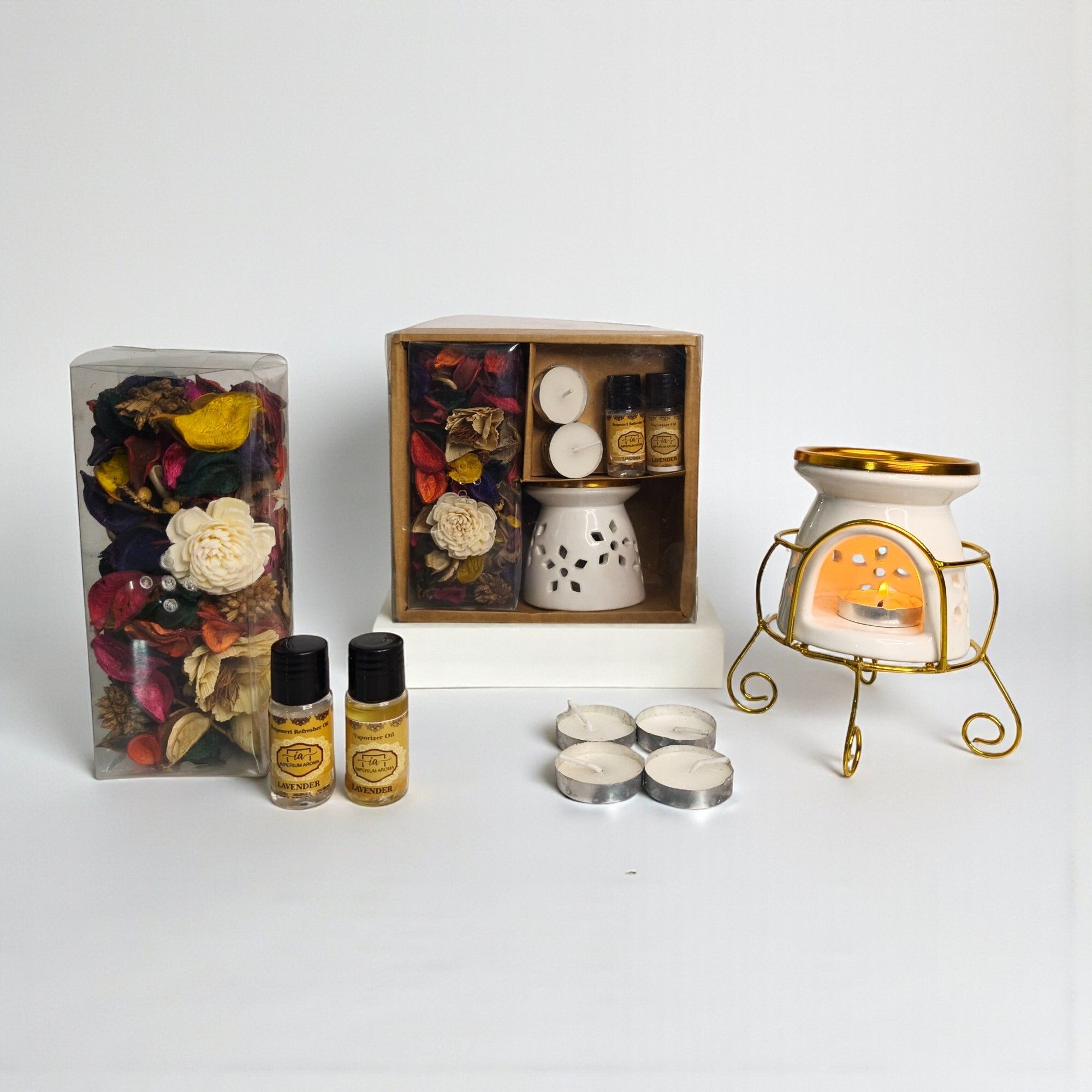 imperium aroma Golden Brass Tealight Oil Burner with Metal Stand Diffuser Set, Potpourri 50g | Tealight Candles 04 | Lavender vaporizer Oil 15 ml & Potpourri Refresher Oil 15 ml | Perfect for Home, Spa & Bed Room-picture-14
