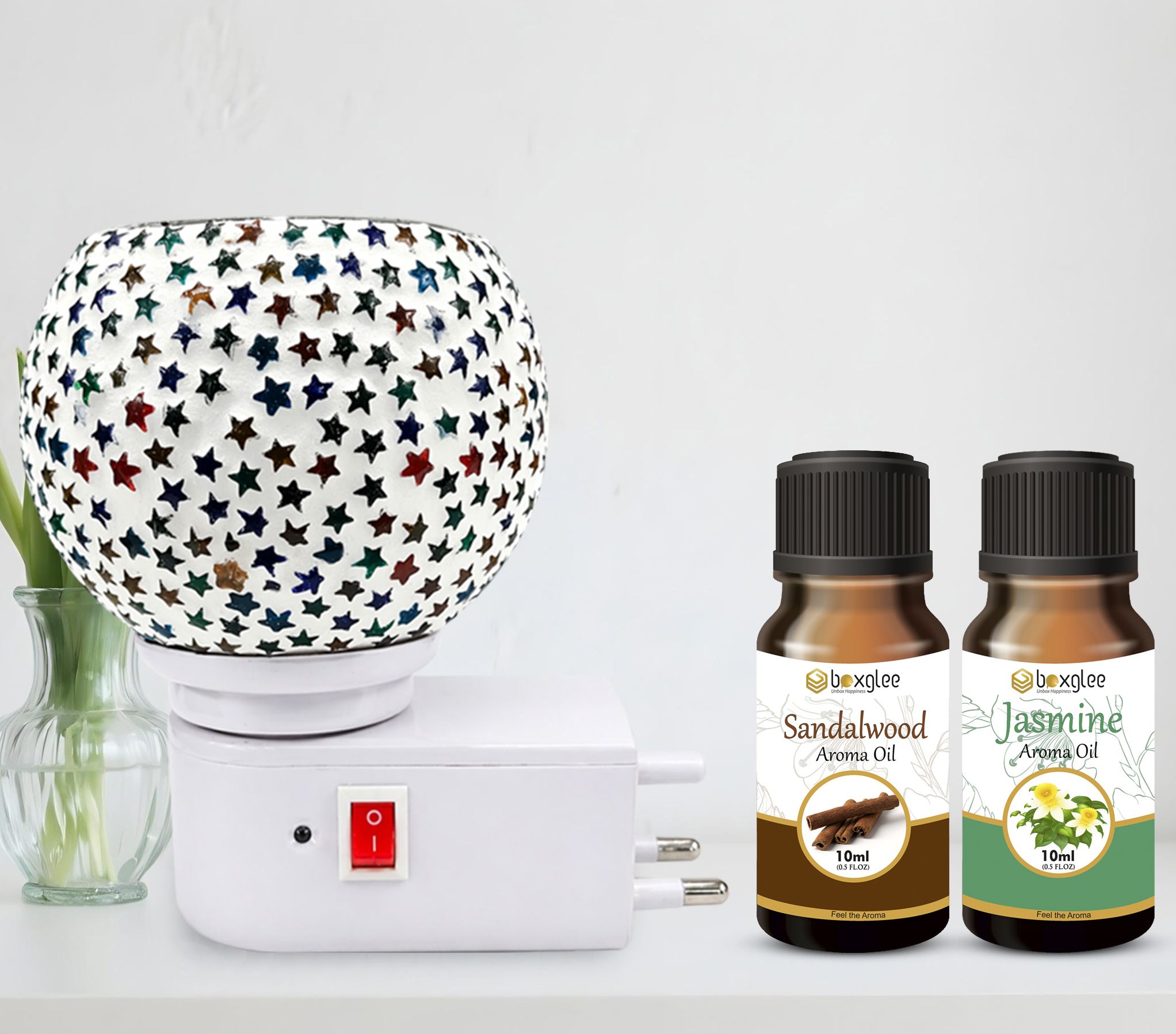 boxglee Multifragrance Aroma Oil Night Lamp Kapoor Dani with Sandalwood + Jasmine Oil 10ML for Home,Office Decor-picture-20
