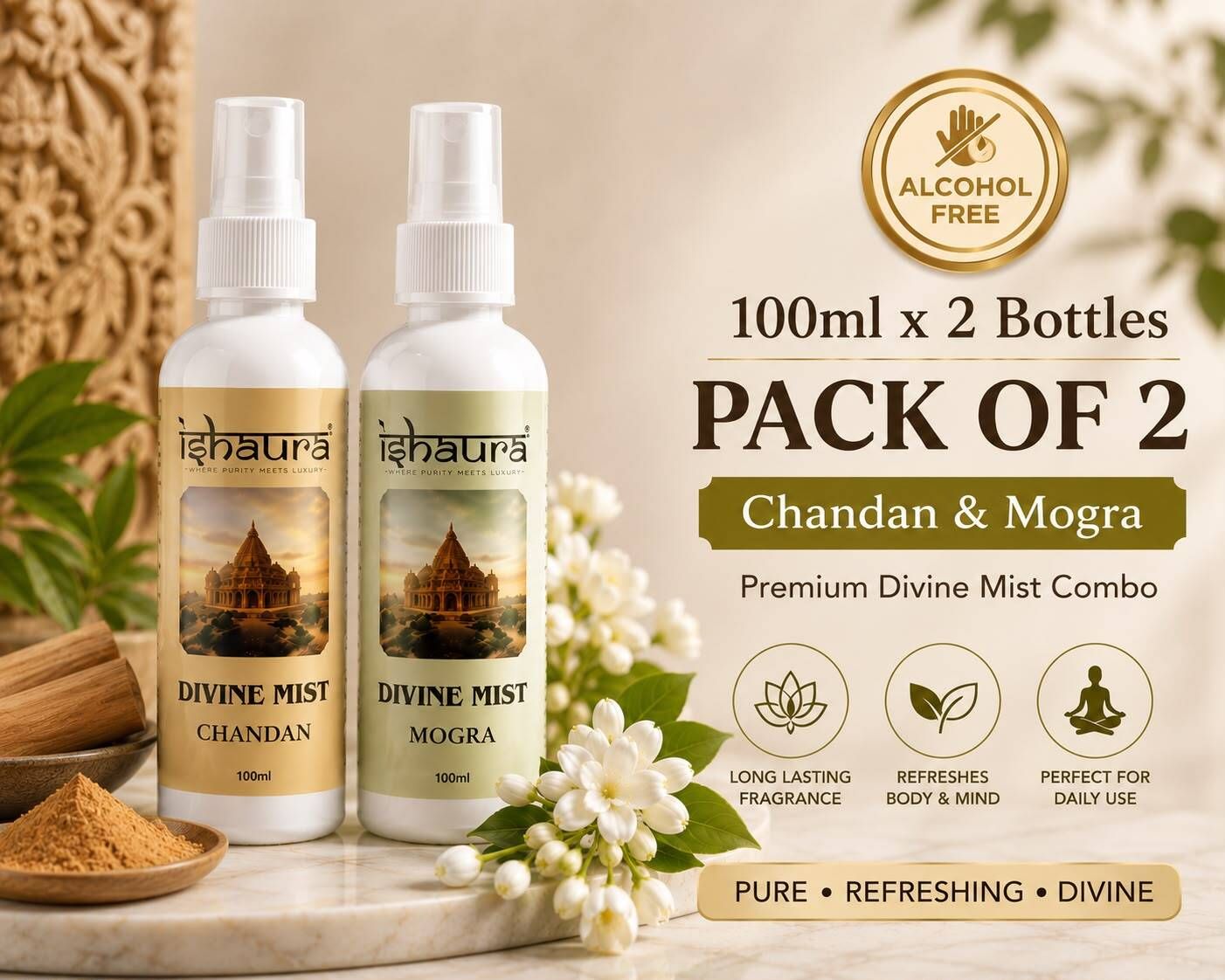 Chandan & Mogra Spray Divine Mist 100 ml x 2 Bottles | Chandan & Mogra Combo | Alcohol Free Body & Room Mist Spray | Long Lasting Fragrance | Premium Divine Mist for Home, Office, Temple & Daily Use-image-48
