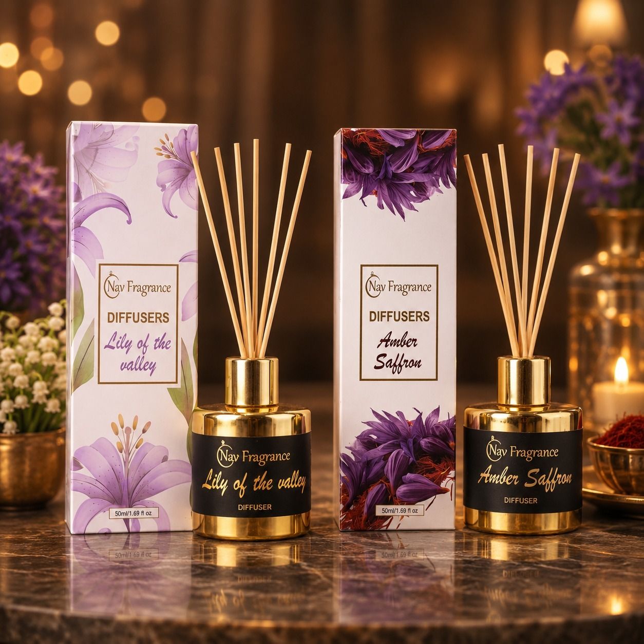 navfragrance Lily of the Valley, Amber Saffron Diffuser Set Reed Diffuser Combo Pack of 2 | Premium Aroma Diffuser Set | 50ml Each-picture-29