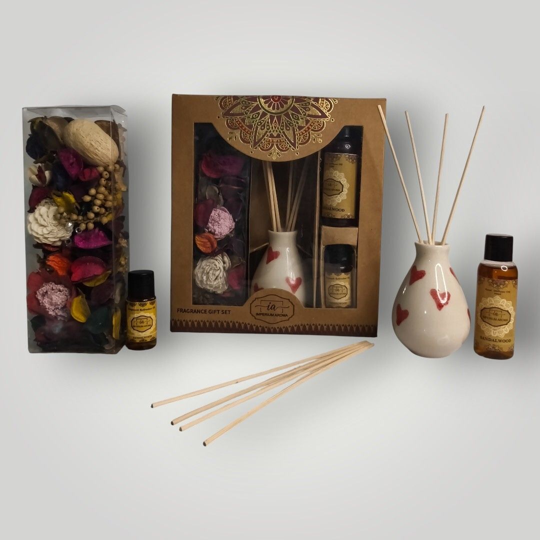 imperium aroma Sandalwood Reed Diffuser Set | Ceramic Vase | 50 ml Diffuser, Potpourri 50 g with 15 ml Premium Oil | 8 Rattan Sticks | Soft Scent for Home & Offices-picture-5
