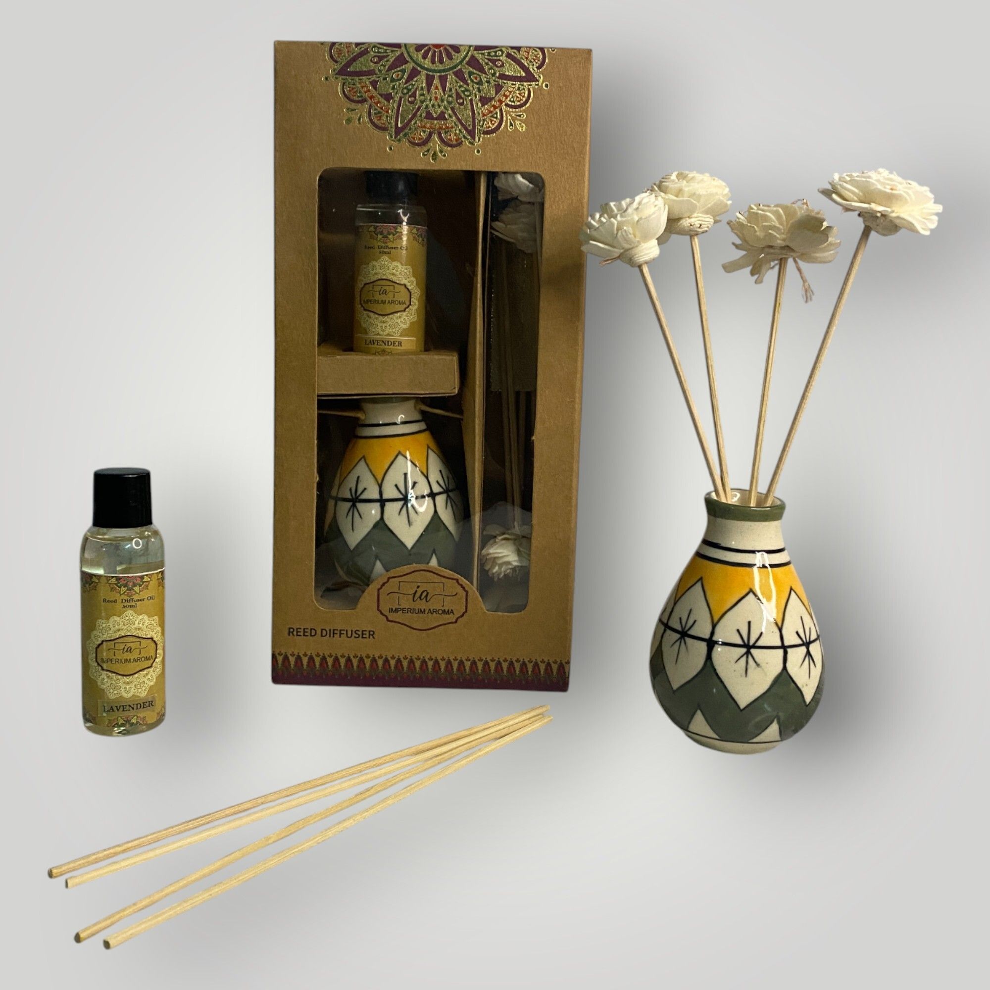 Luxury Home Fragrance Set| Ceramic Reed Diffuser with 8 Rattan Sticks & Lavender Aroma Oil (50 ml) For Living Room, Bedroom, Spa, Meditation Space, Office & Gifting-image-5