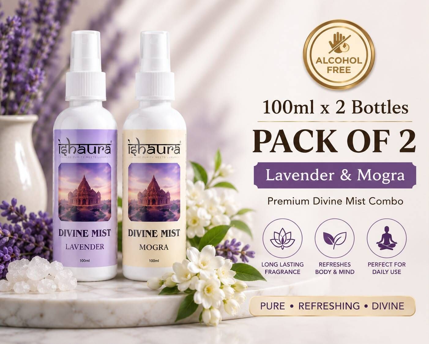 Lavender & Mogra Spray Divine Mist 100 ml x 2 Bottles | Lavender & Mogra Combo | Alcohol Free Body & Room Mist Spray | Long Lasting Fragrance |Premium Divine Mist for Home, Office, Temple & Daily Use-image-14