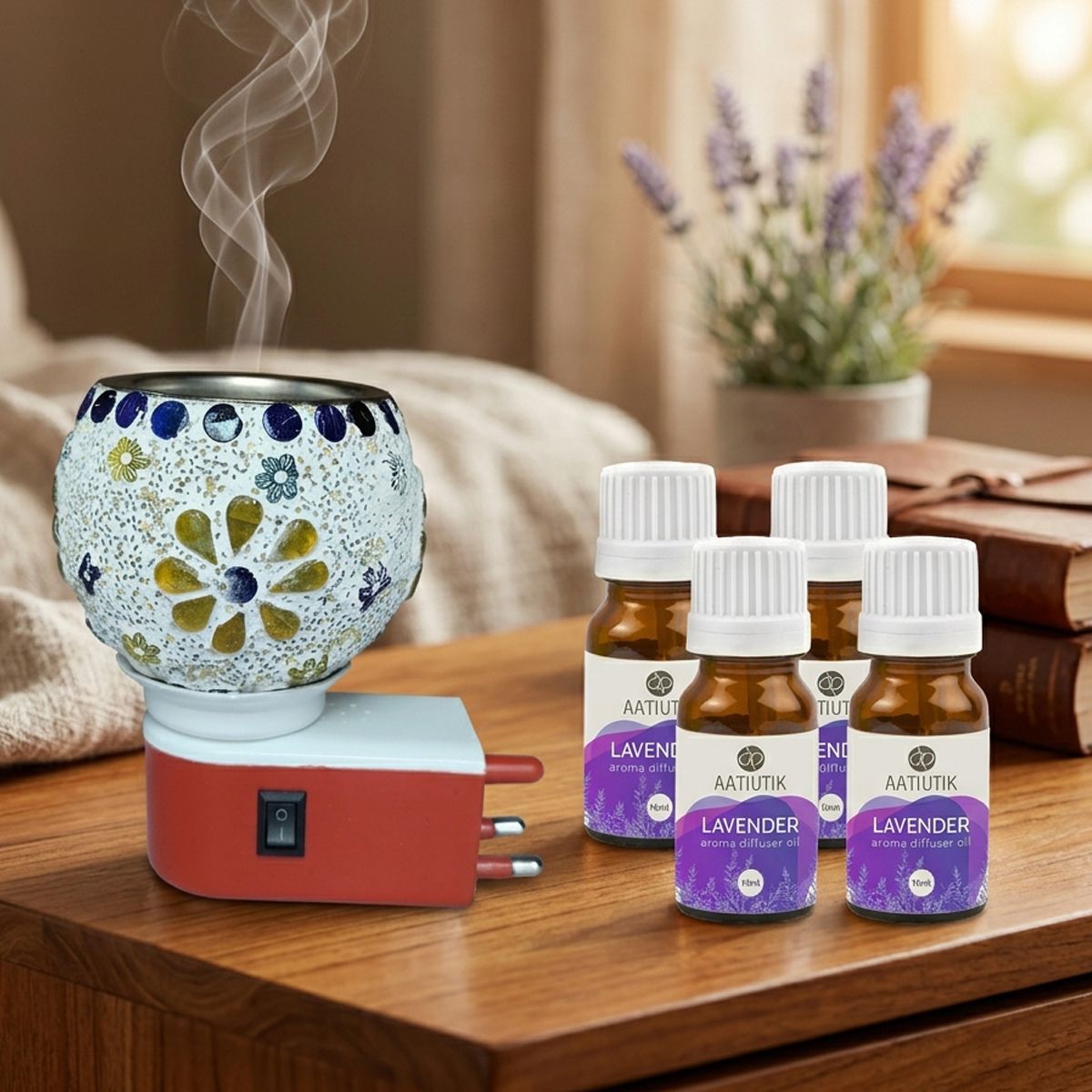 aatiutik Lavender Fragrance Air Freshener Diffuser Set Electric Camphor Diffuser with Set of 4 Aroma Oil (10ml Each) | Plug-in Kapoor Dani Burner | Home Fragrance Essential Oil Diffuser for Room, Office & पूजा room-picture-0