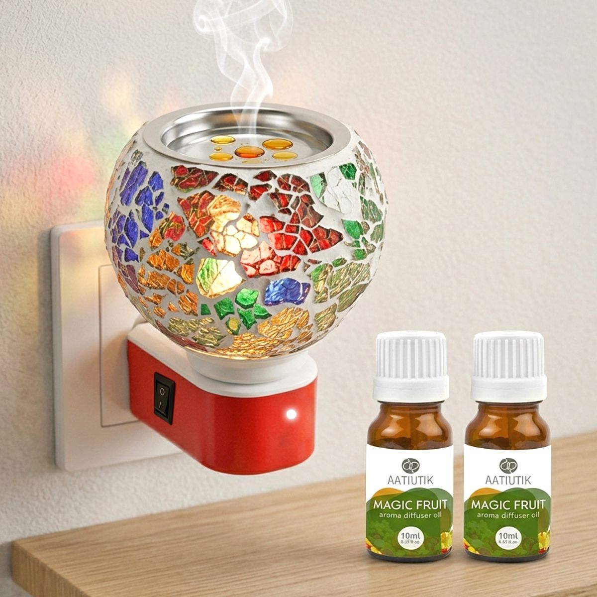 Magic Fruit fragrance Air Freshener Diffuser Electric Mosaic Kapoor Dani Camphor Diffuser with Aroma Oils (10ml Each) | Plug-in Ceramic Room Freshener Machine electric Camphor Burner & Essential Oil Diffuser | Night Light Lamp | Room Freshener for Home, Office & Puja Room-image-37