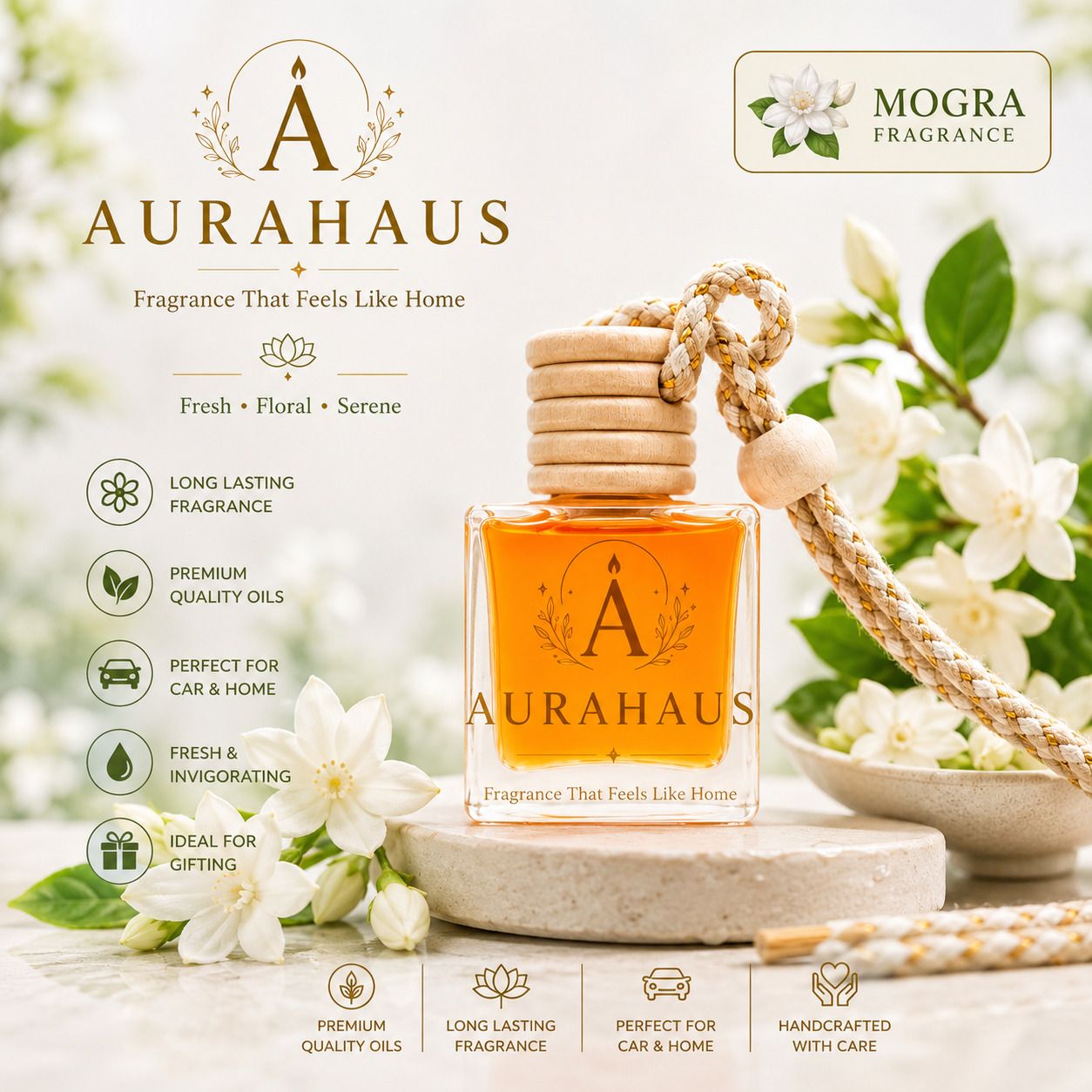 aurahaus Mogra Diffuser Mogra Car Hanging Air Freshener | Long Lasting Premium Perfume Diffuser | Hanging Car Perfume for Car, Home, Office & Wardrobe | Natural Floral Fragrance-picture-17