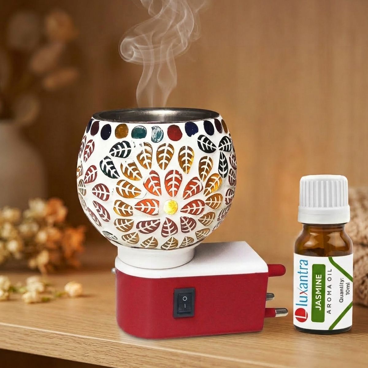 Jasmine Fragrance Air Freshener Diffuser Set Handcrafted Electric Kapoor Dani Camphor Diffuser Night Lamp Light with Aroma Oil Burner | Ceramic Leaf Design Plug-in Air Freshener for Home, Office, Spa, Hotel, Temple & Meditation-image-39