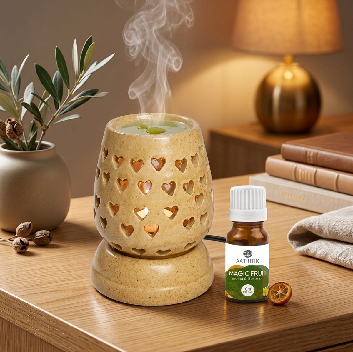 Magic Fruit fragrance Air Freshener Diffuser Set Premium Ceramic Electric Aroma Oil Diffuser with Heart Cut Design | Essential Oil Burner for Home, Office, Spa & Meditation | Fragrance Air Freshener (Ivory)-image-31