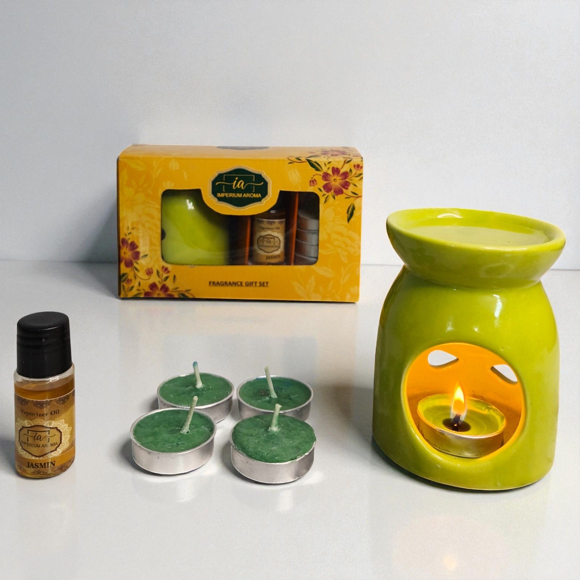 Jasmine Diffuser Jasmine Fragrance Gift Set with Ceramic Oil Burner, Essential Oils, Green Tealight Candles, Aromatherapy Home Decor-image-36