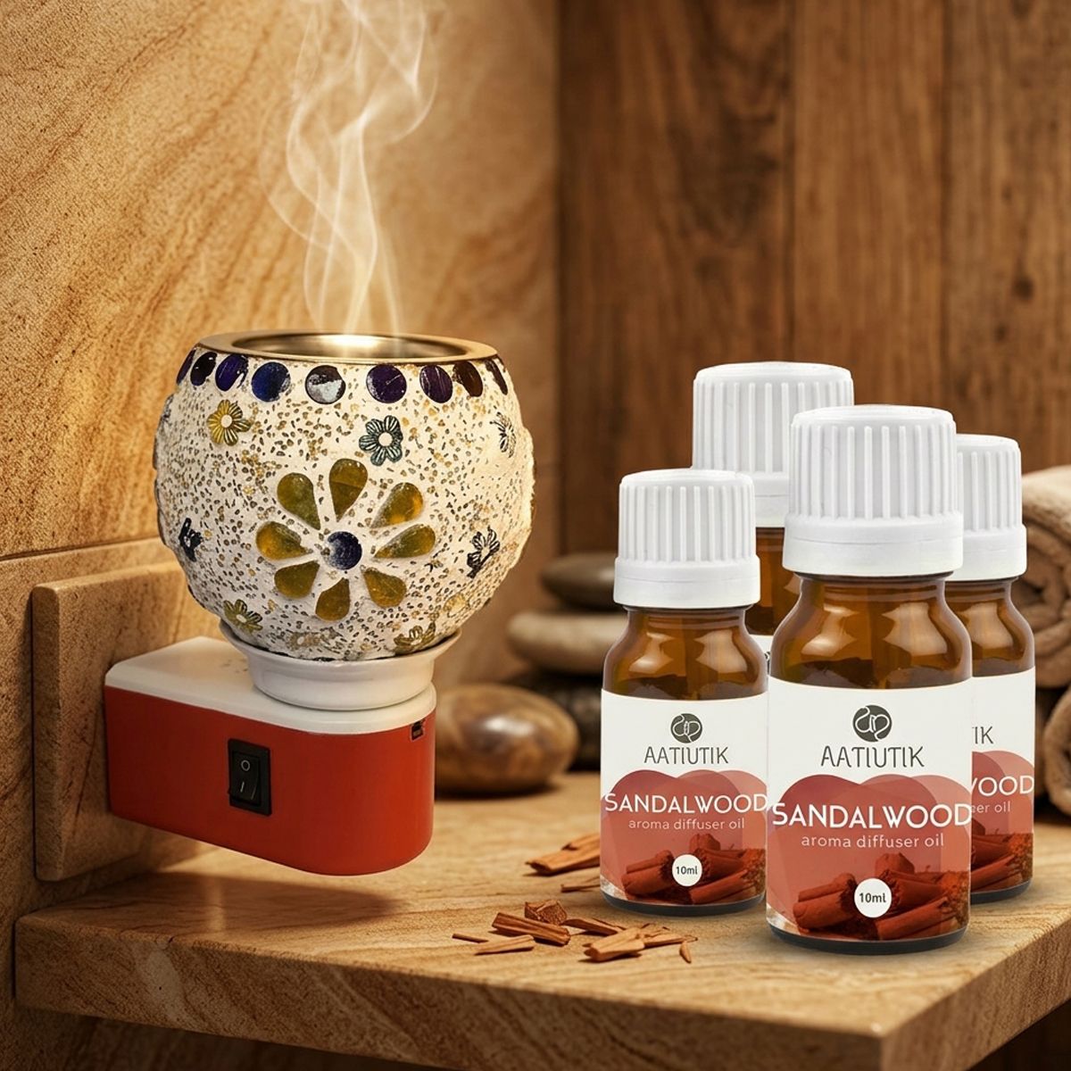 Sandalwood Fragrance Air Freshener Diffuser Set Electric Camphor Diffuser with Set of 4 Aroma Oil (10ml Each) | Plug-in Kapoor Dani Burner | Home Fragrance Essential Oil Diffuser for Room, Office & पूजा room-image-24
