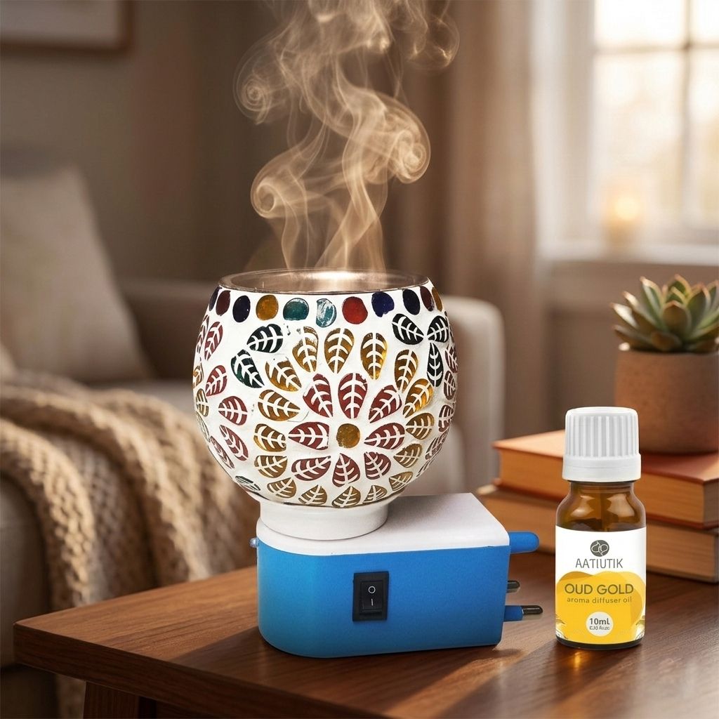Oud Gold Aroma Fragrance Oil Diffuser Set Electric Camphor Diffuser Aroma Oil Burner with Ceramic Steel Bowl | Kapoor Dani Electric Burner | Room Freshener, Camphor & Diffuser/Essential Oil Fragrance-image-47