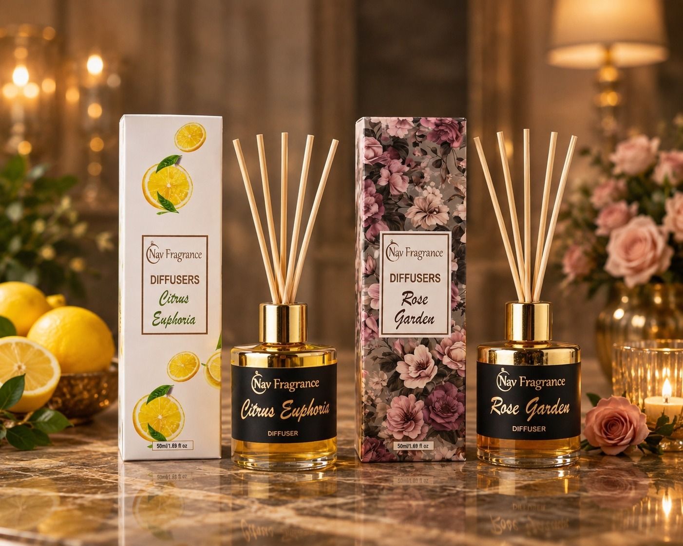 navfragrance Citrus Euphoria, Rose Garden Diffuser Set Reed Diffuser Combo Pack of 2 | Premium Aroma Diffuser Set | 50ml Each-picture-47