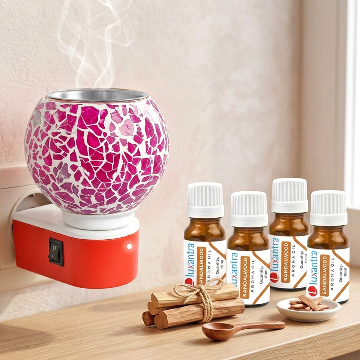 luxantra Sandalwood Fragrance Air Freshener Diffuser Set Electric Aroma Diffuser with Set of 4 Aroma Oils (10ml Each) | Plug-in Kapoor Dani Camphor Diffuser | Mosaic Glass Fragrance Oil Burner | Night Lamp Light | Room Freshener for Home, Office, Spa, Hotel & Temple-picture-45