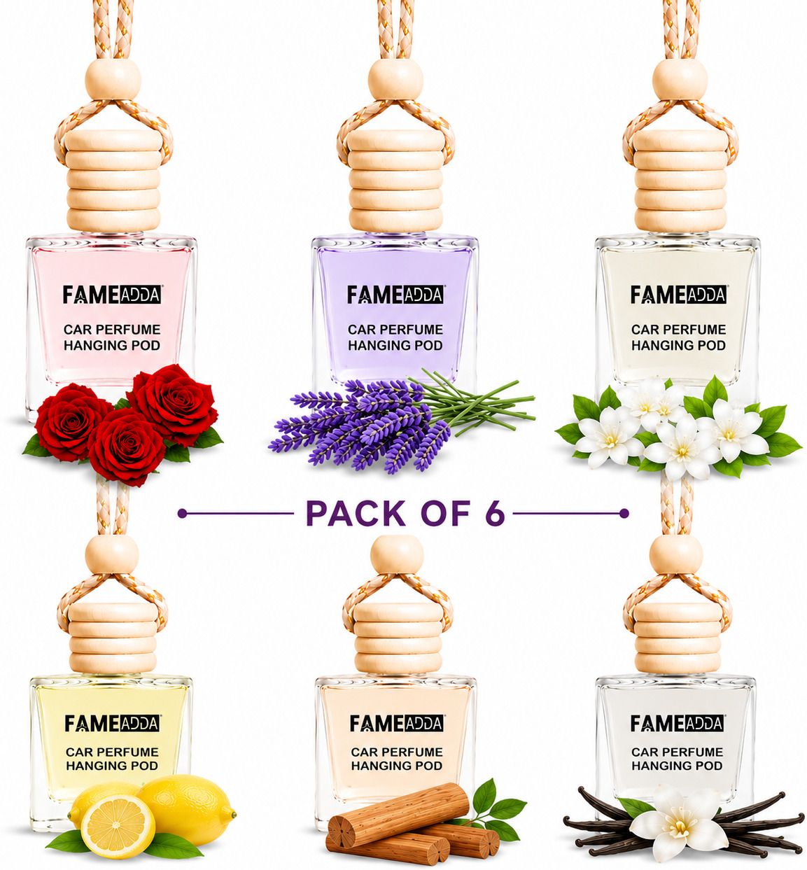 fameadda 10 ML Each Pack of 6 Premium Rose Lavender Jasmine Lemon Sandalwood & Vanilla Car Freshener Diffuser | Luxury Car Air Freshener | Refill Car Hanging Perfume | Long Lasting Car Fragrance | Premium Car Freshener Hanging Pod | Car Perfume for All Car Interior Accessories-picture-46